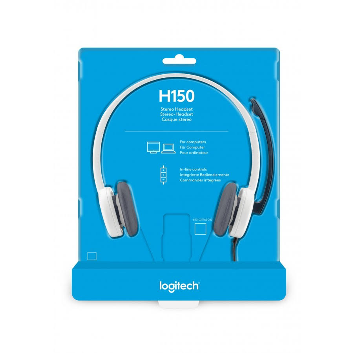 Cuffie Logitech H150 bianche su confezione blu. Microfono nero. Le cuffie sono rivolte in avanti.