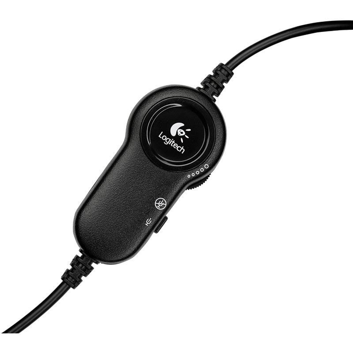 Pannello di controllo Logitech nero con pulsanti e cavo, con un logo sopra.