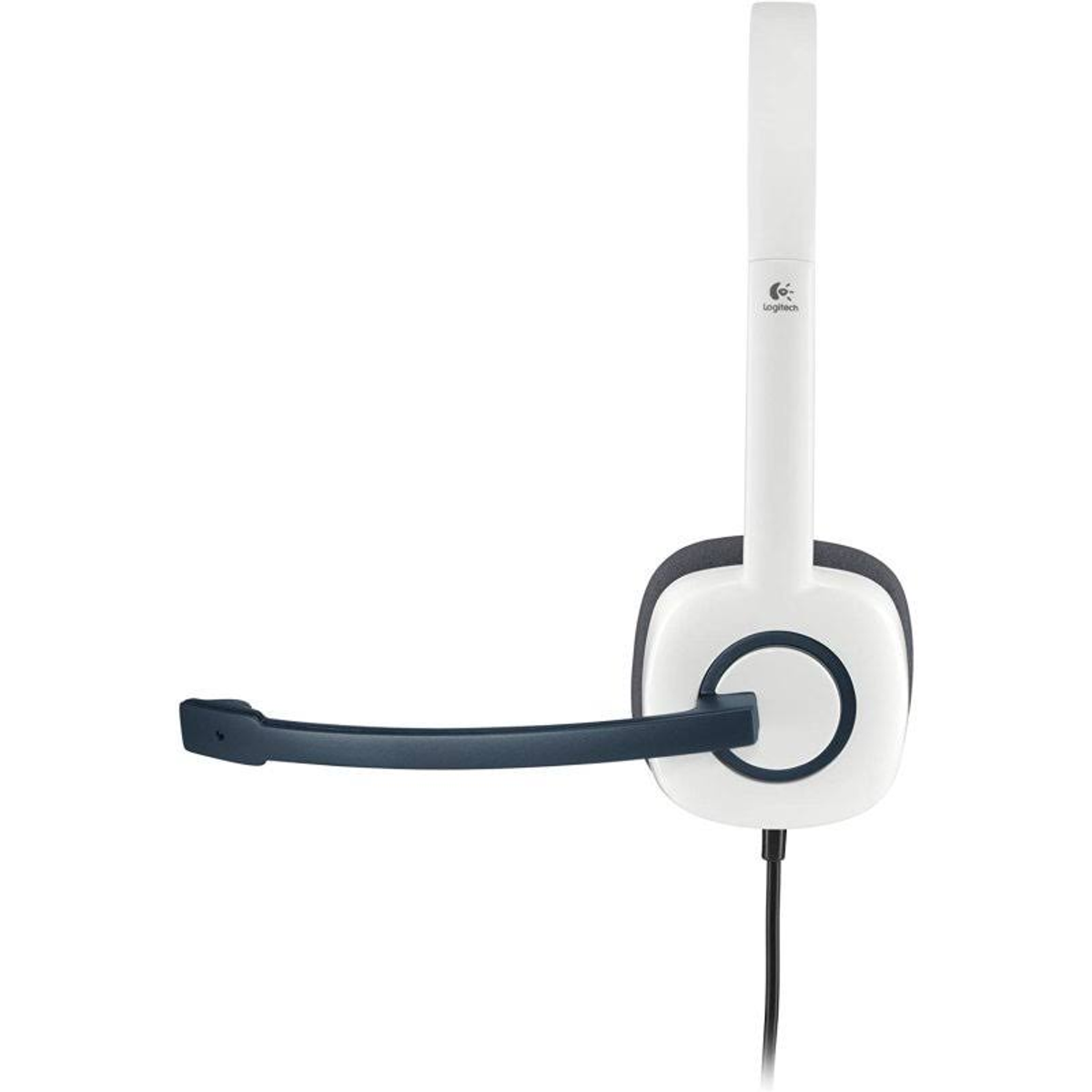 Cuffie Logitech bianche con microfono. Cavo nero e sfondo bianco.