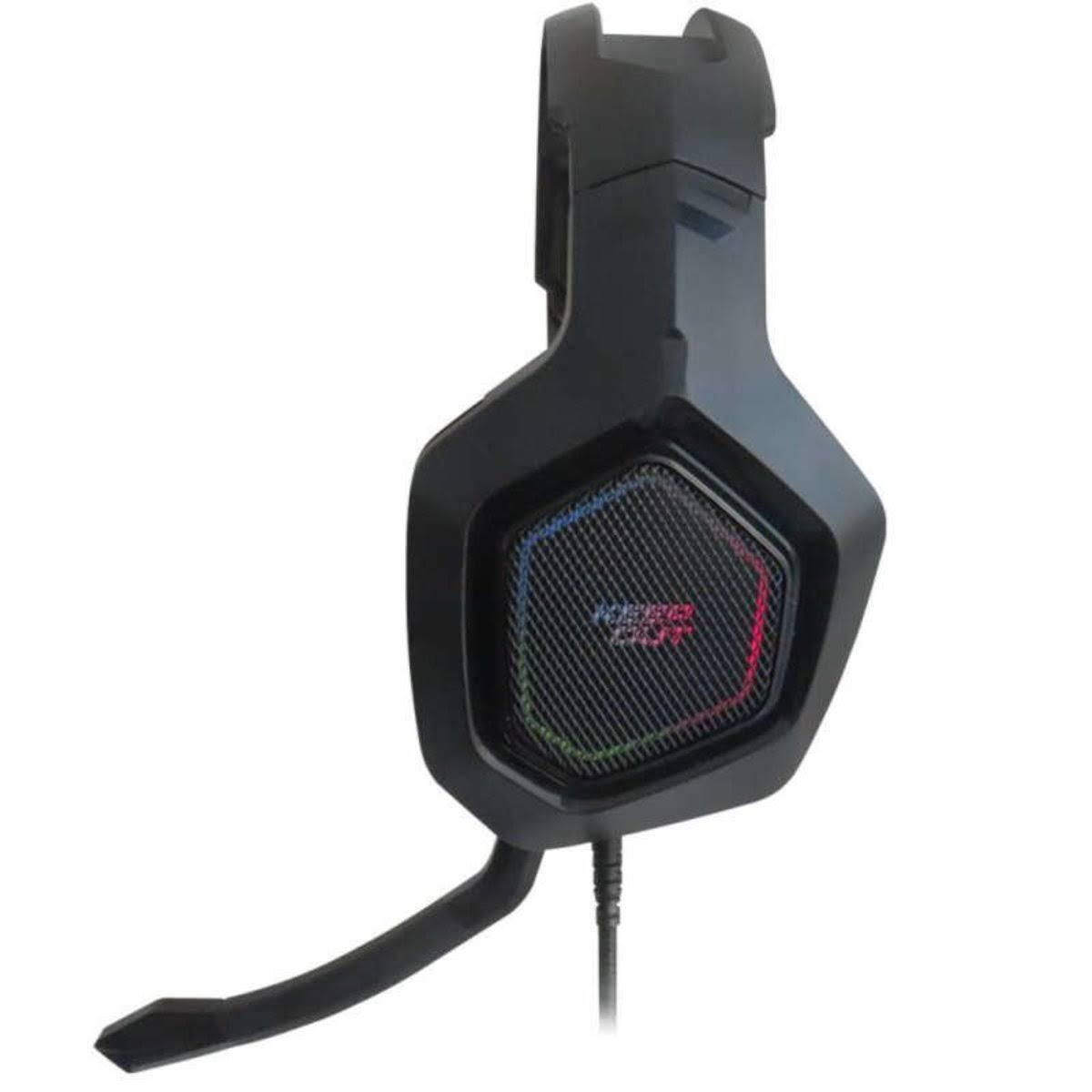 Auriculares gaming negros con micrófono flexible. La copa tiene diseño de malla y un logotipo.
