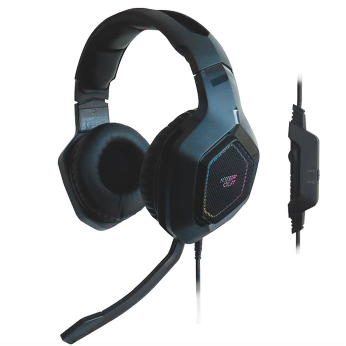 Auriculares negros con micrófono y control en línea. El auricular derecho tiene un diseño de malla.