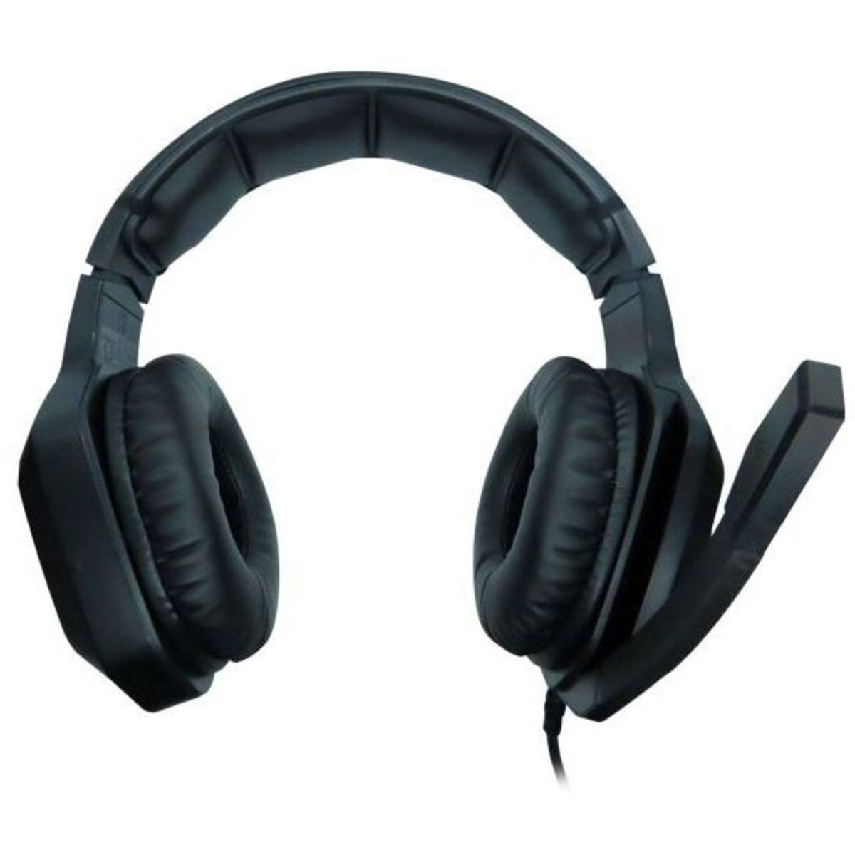 Auriculares gaming negros con micrófono, sobre una superficie blanca.