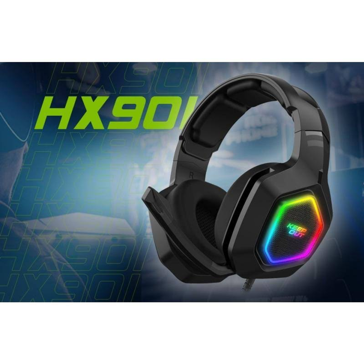 Auriculares gaming negros con luces de colores. Texto 'KEEP OUT' en el lateral. Fondo azul.