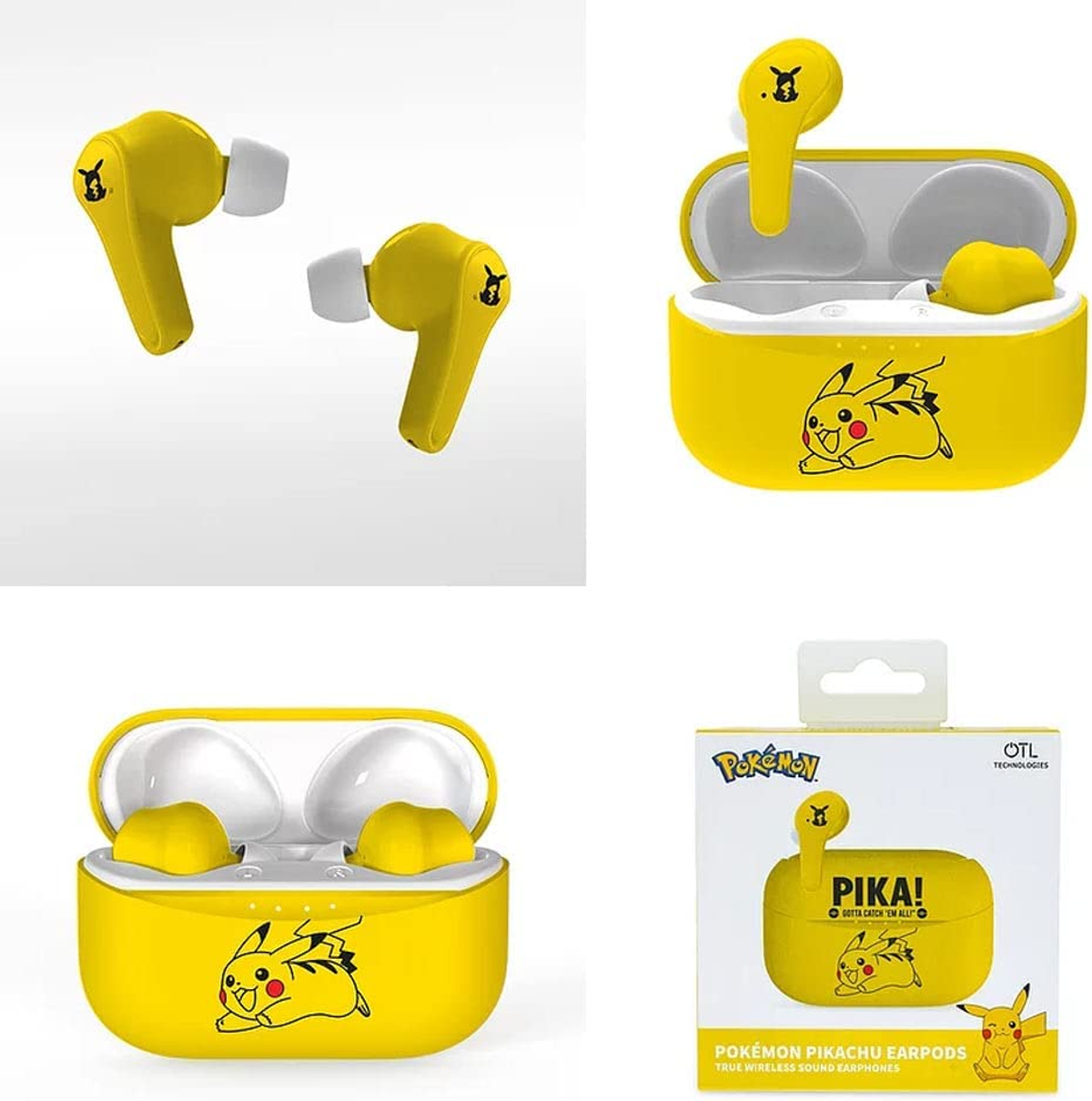 Żółte słuchawki Pikachu z etui ładującym i opakowaniem z Pikachu.