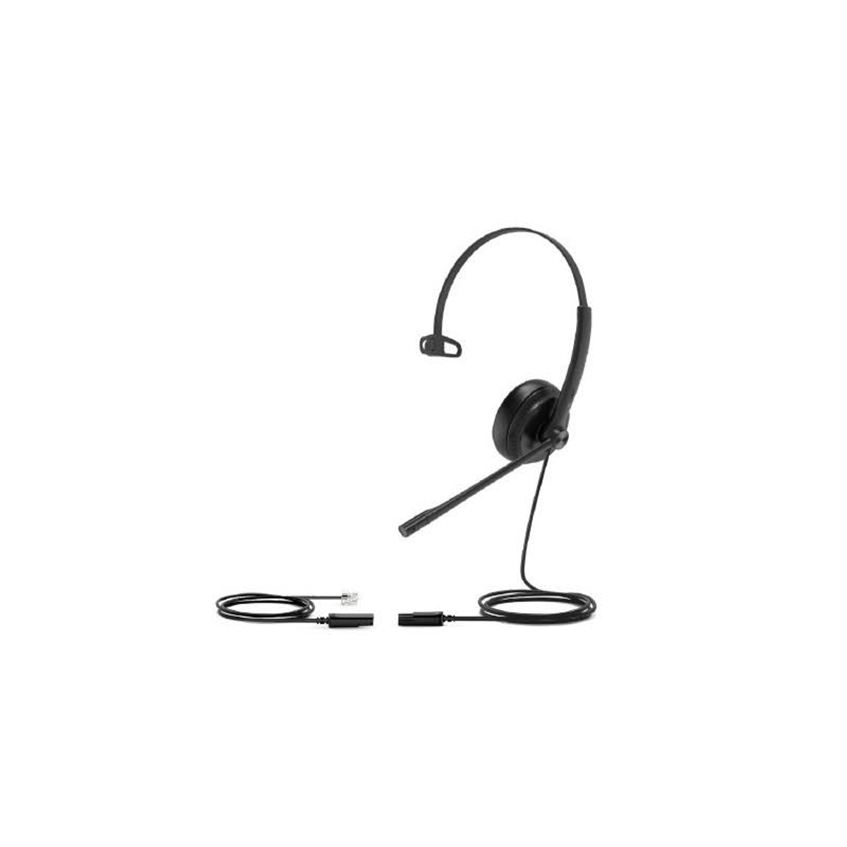 Auriculares negros con micrófono de brazo y un solo auricular. Aislado sobre fondo blanco.