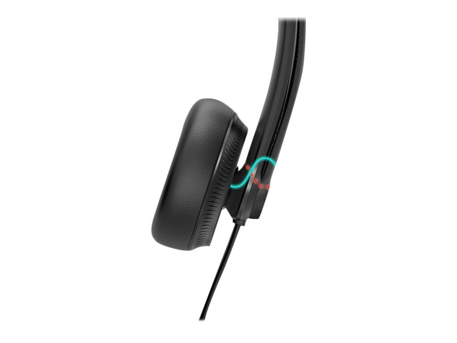 Auriculares negros vistos de lado. Sobre fondo blanco. Un cable se extiende hacia abajo.
