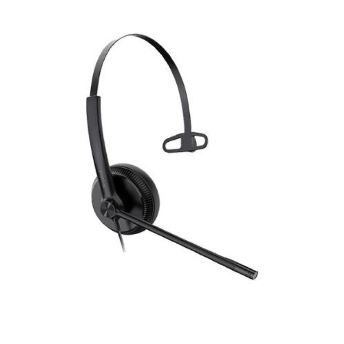Un auricular negro con micrófono, sobre fondo blanco.