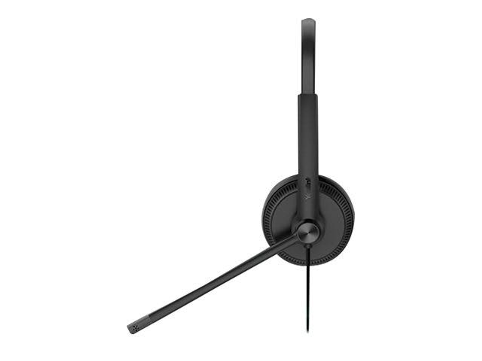 Auriculares negros con micrófono. Los auriculares tienen un solo auricular y un brazo de micrófono flexible.