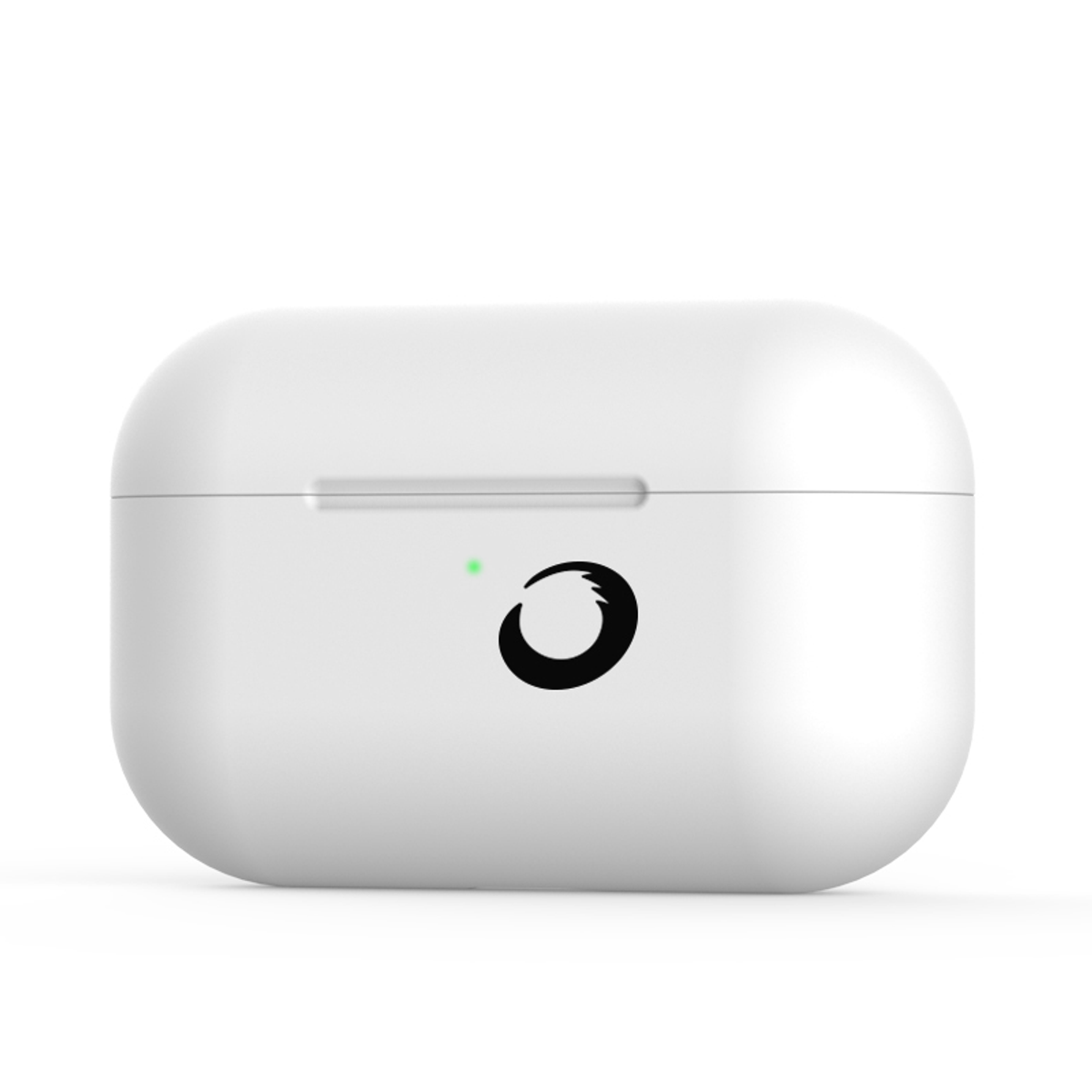 Białe etui ładujące z czarnym logo na białym tle.