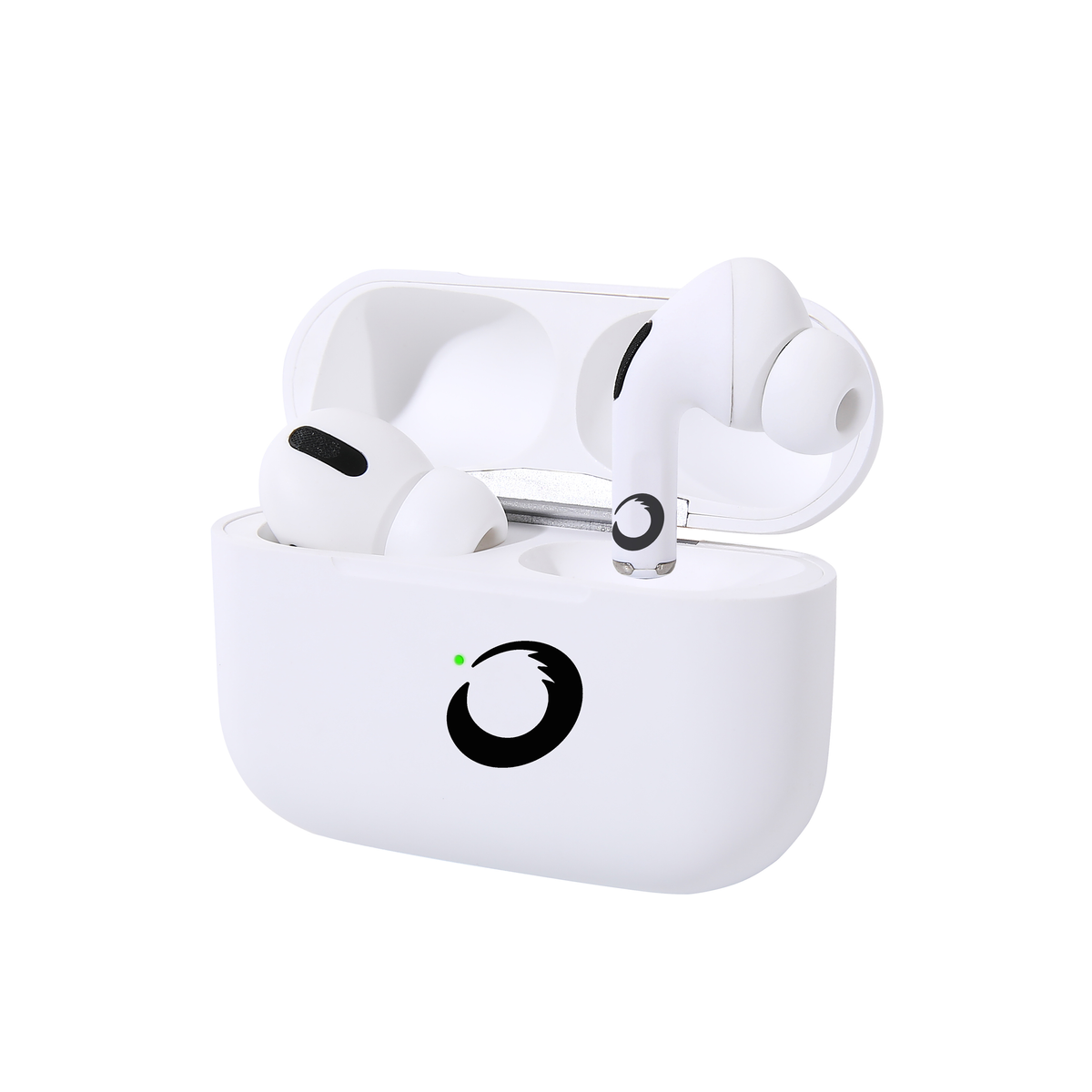 Białe słuchawki douszne w etui ładującym, czarne logo, białe tło.