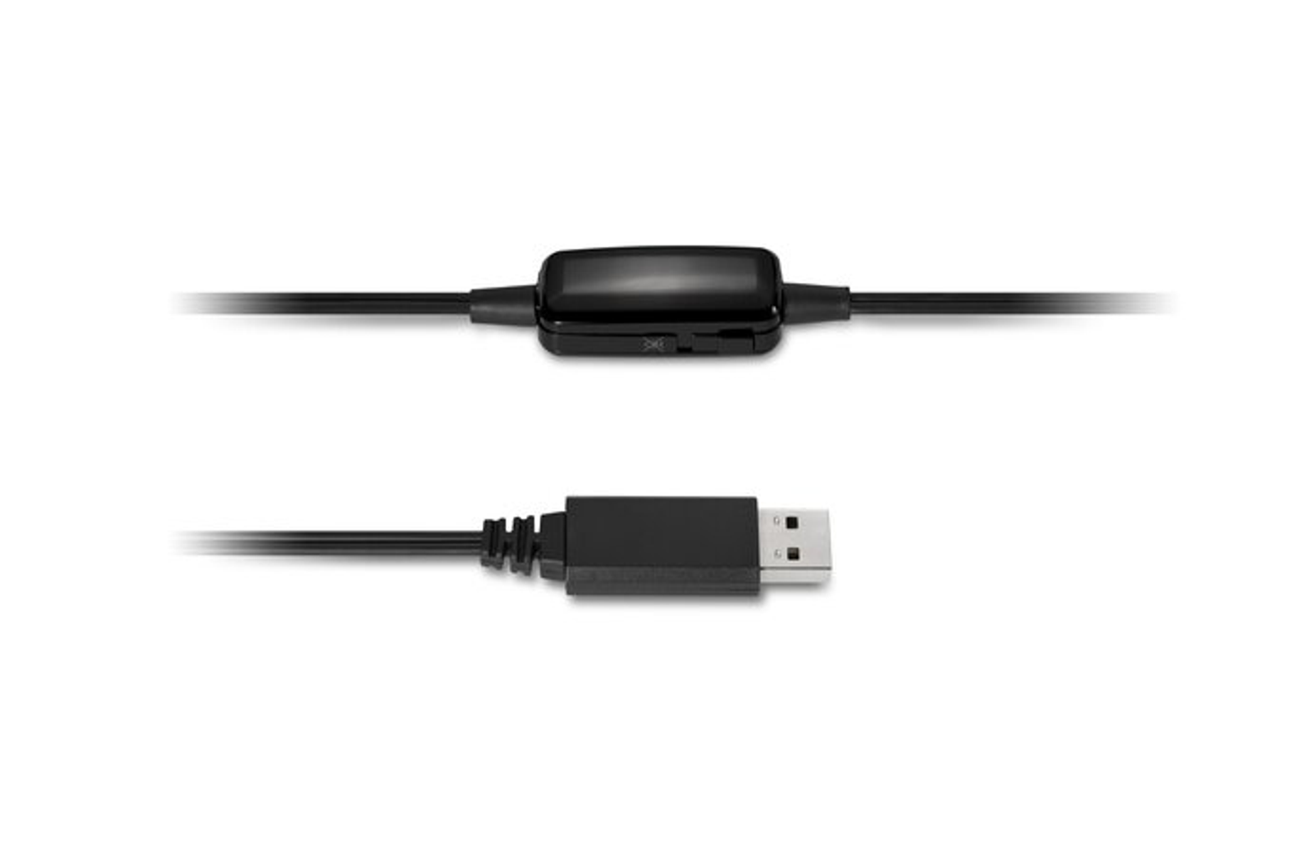 Zbliżenie czarnego kabla z kontrolką i złączem USB. Białe tło.