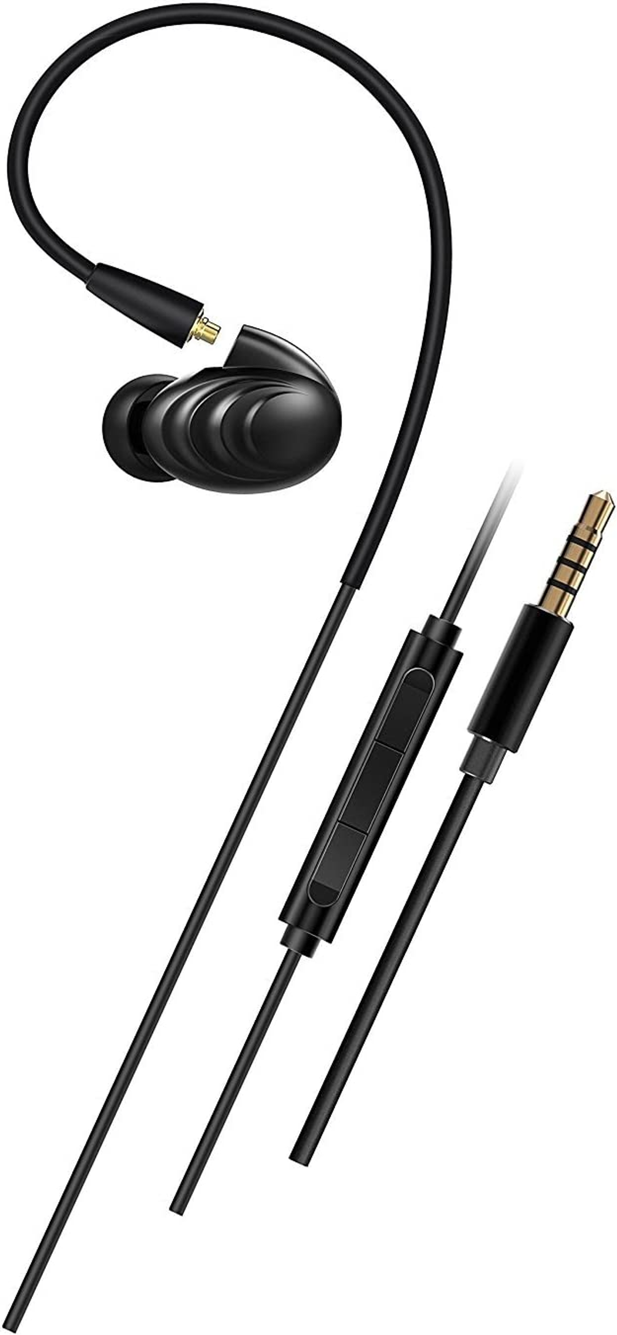Auriculares negros con cable negro y conector de audio de 3,5 mm chapado en oro, sobre fondo blanco.