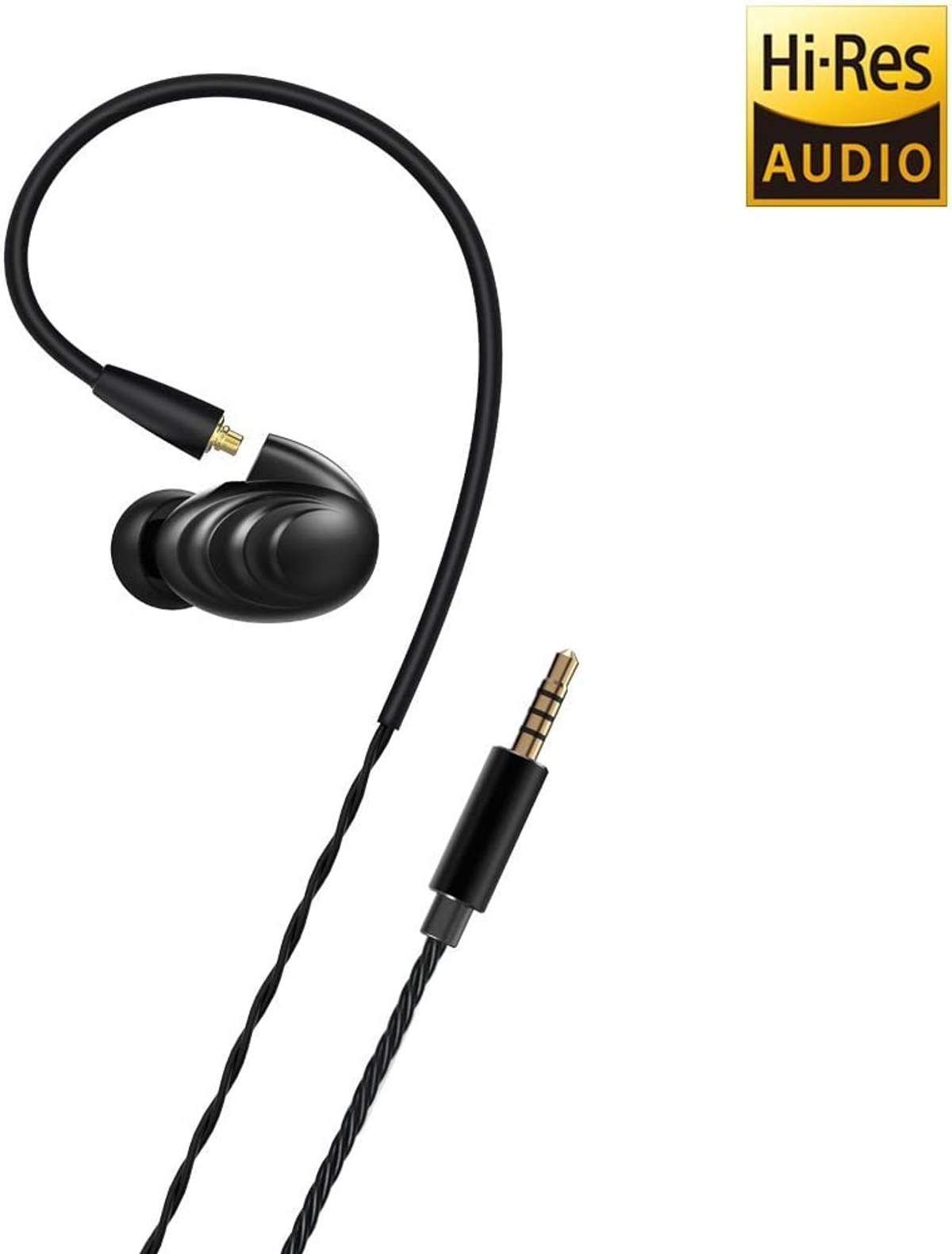 Auriculares negros con cable y logo Hi-Res Audio. Fondo blanco.