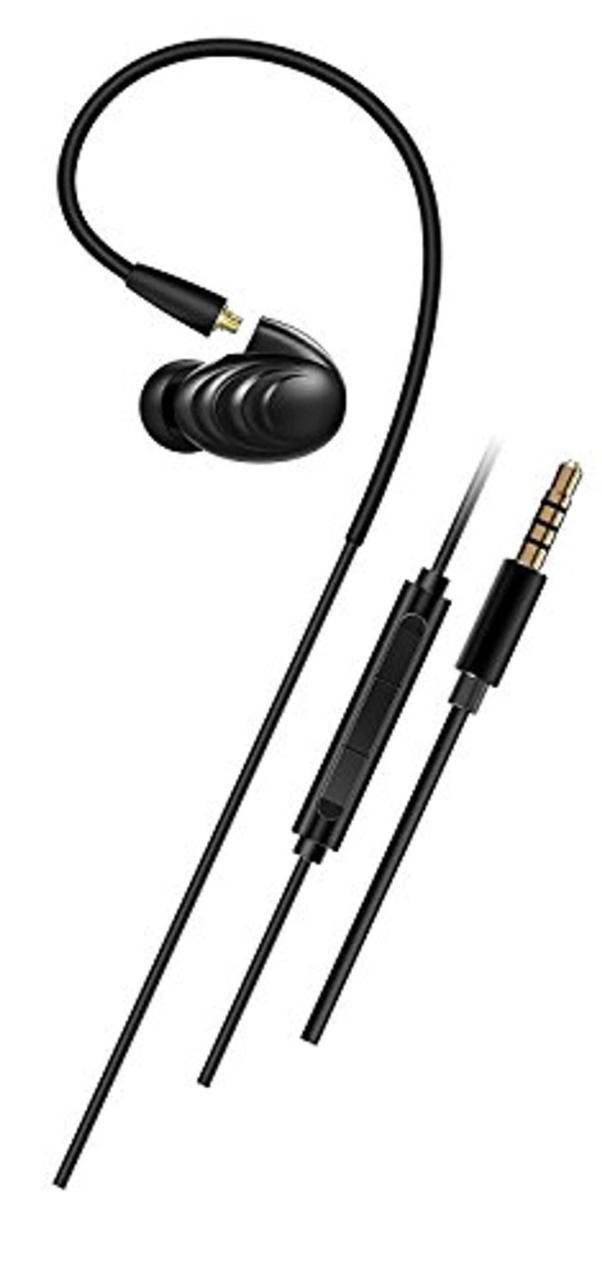 Auriculares con cable negros. El fondo es blanco.