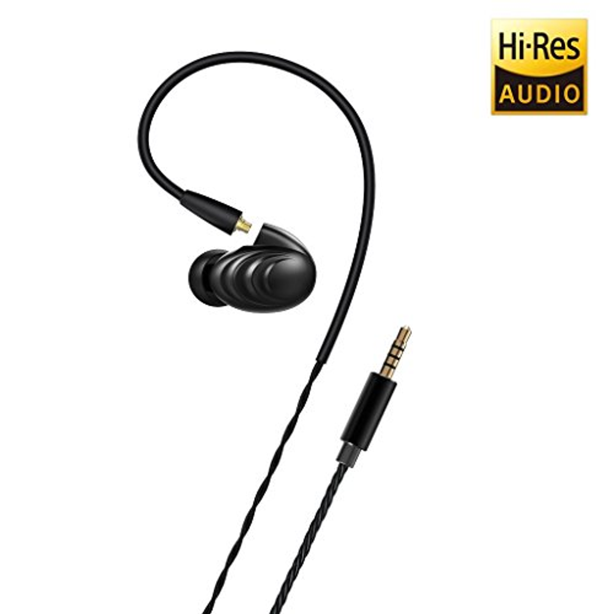 Auriculares internos negros con un conector dorado y una insignia de audio de alta resolución. El fondo es blanco.
