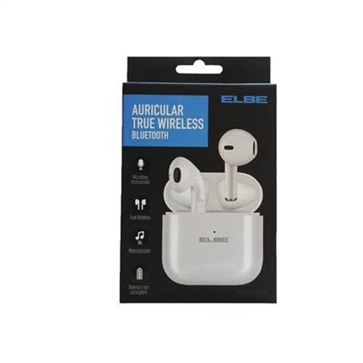 Białe słuchawki i etui ładujące w pudełku. Tekst: Prawdziwy Bluetooth bezprzewodowy.