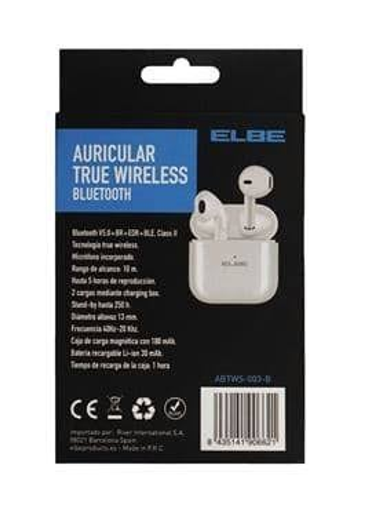 Czarne pudełko z białymi słuchawkami w środku. Tekst na pudełku to "True Wireless Bluetooth" i "ELBE".
