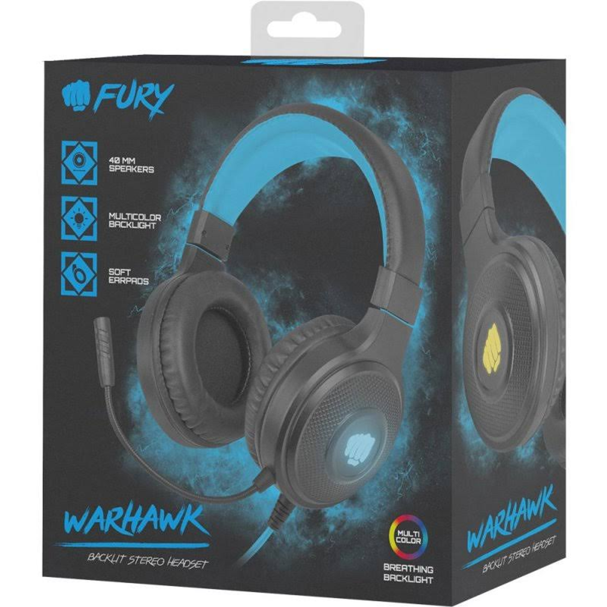 Black and blue headphones in the box. The box has the text Fury and Warhawk on it.