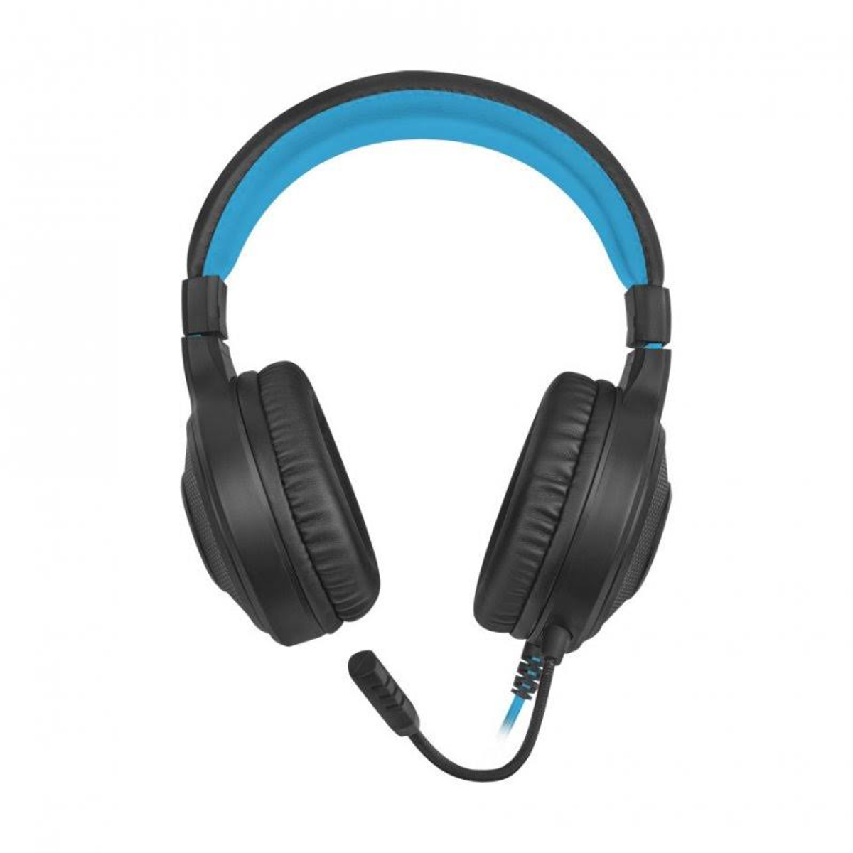 Black headphones with a blue band on top and a small microphone.