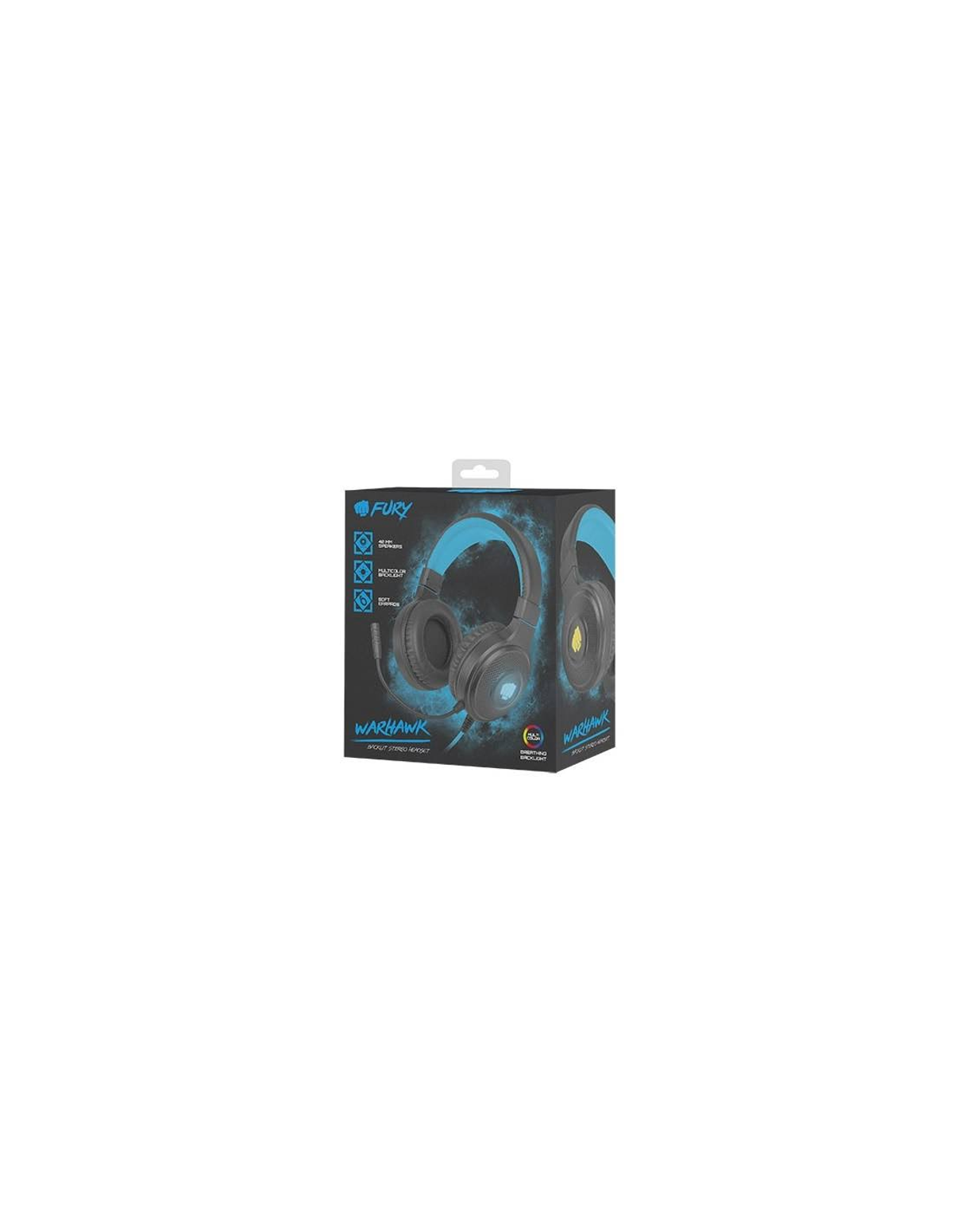 Headphone box, black with blue and white accents, with a headset graphic.