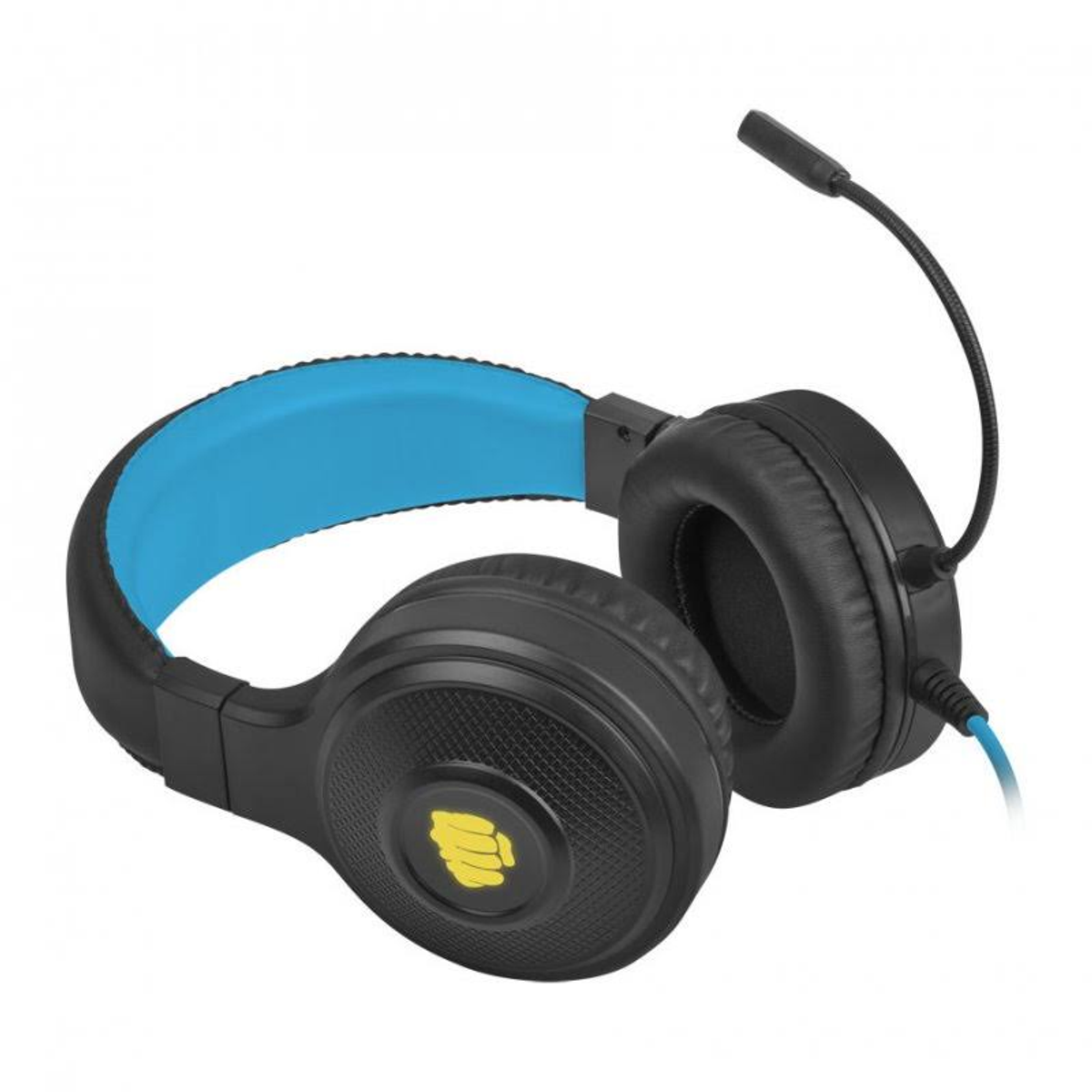 Black gaming headphones with blue headband and a microphone. The left ear has a yellow fist logo.