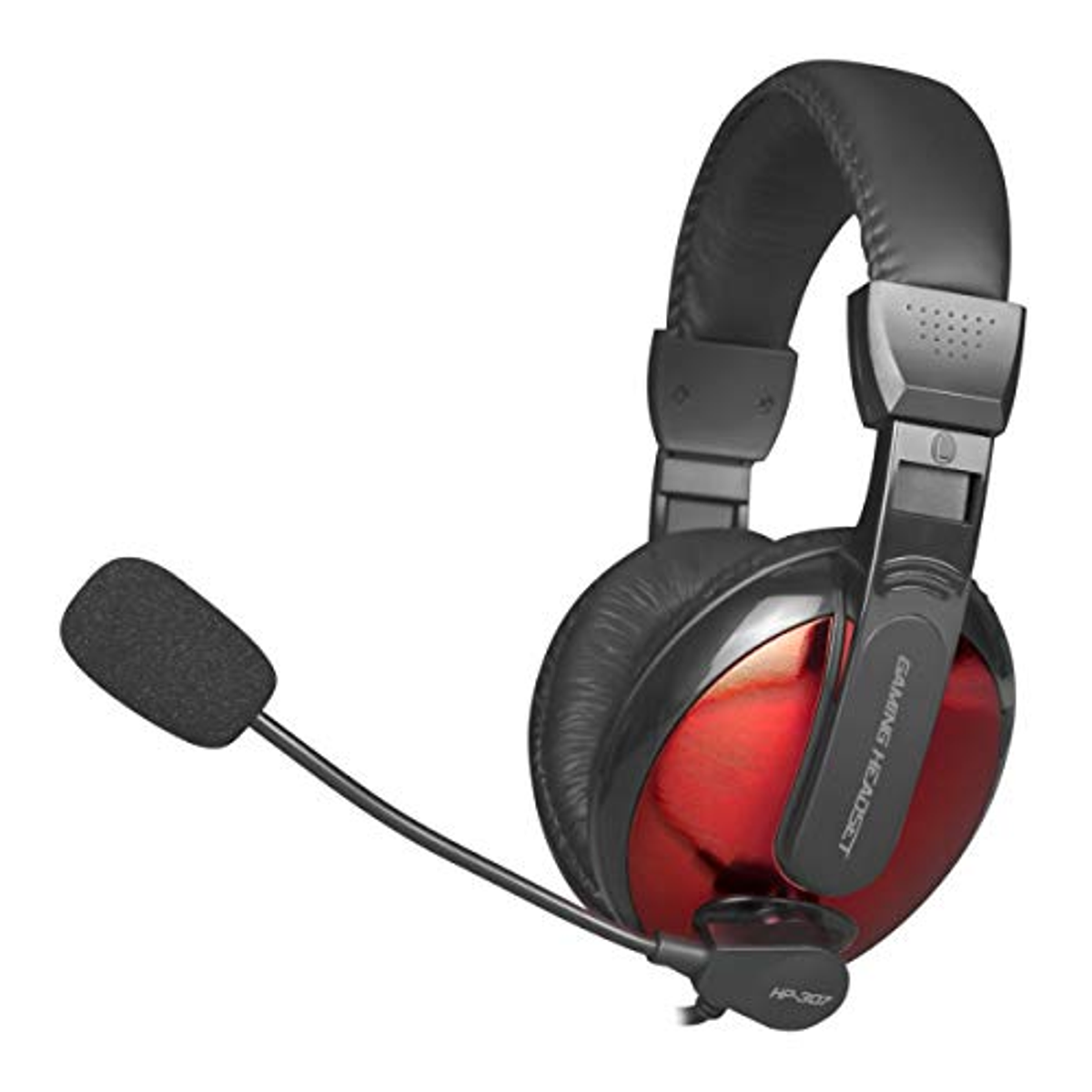 Auriculares gaming rojos y negros con micrófono a la izquierda.