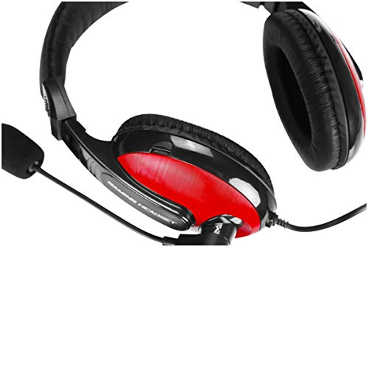 Auriculares gaming rojos y negros. Fondo negro, detalles rojos.