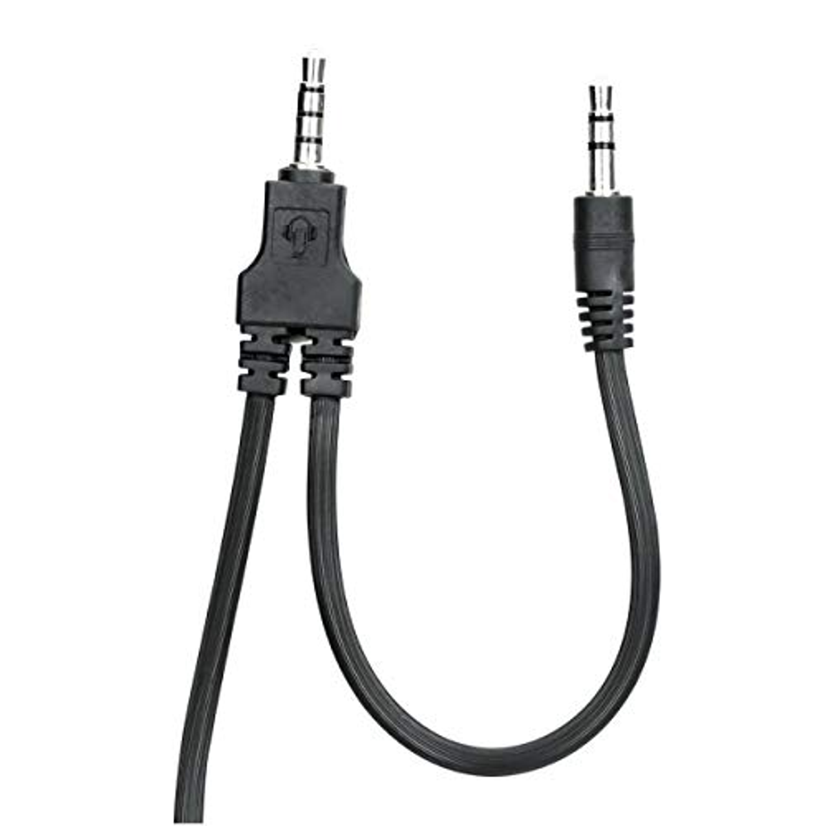Cable de audio negro con dos conectores de 3,5 mm, uno con divisor y uno estándar.