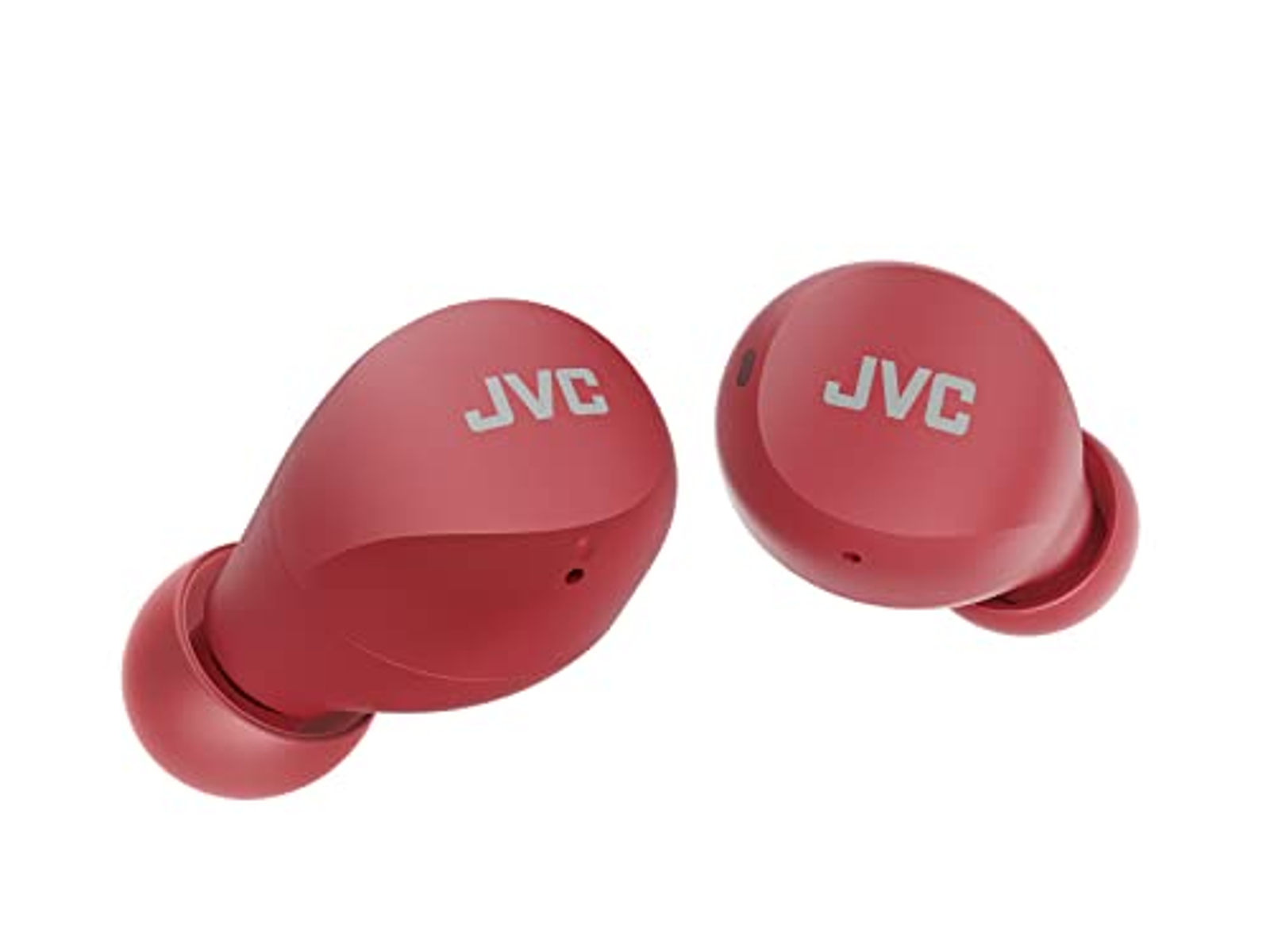 Auricolari rossi con 'JVC' sopra. Isolati su sfondo bianco.