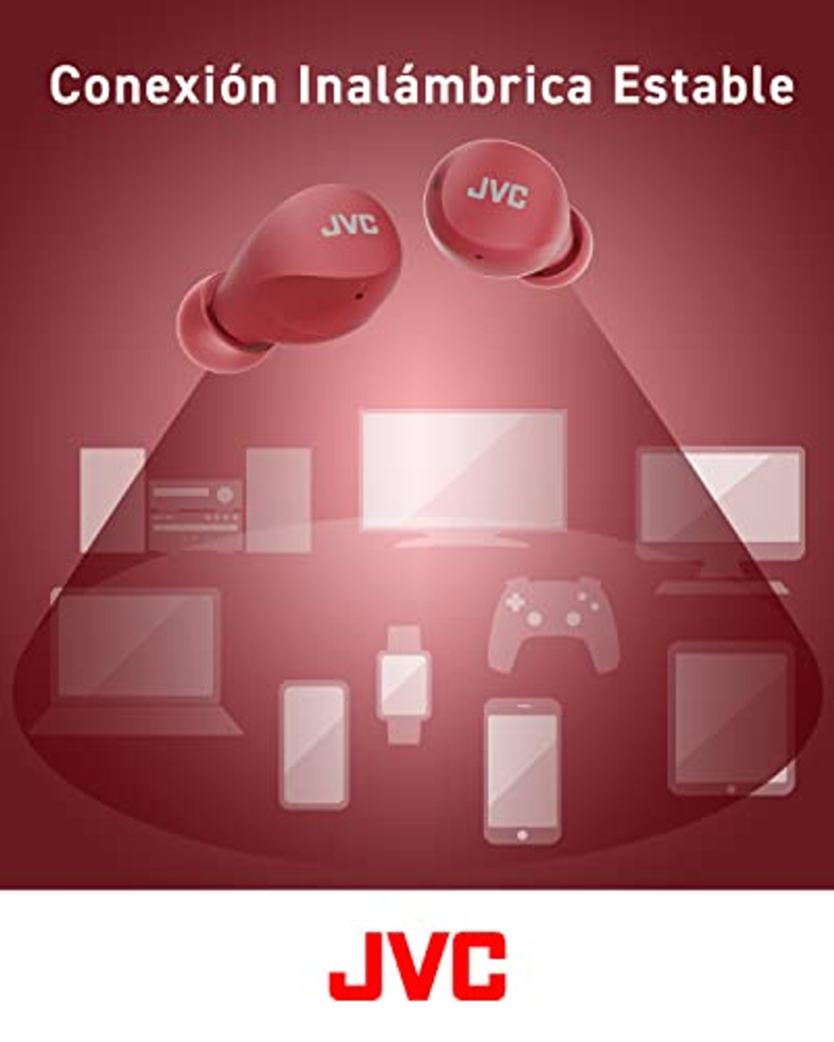 Auricolari rossi con grafica di connessione wireless stabile. Sfondo rosso.