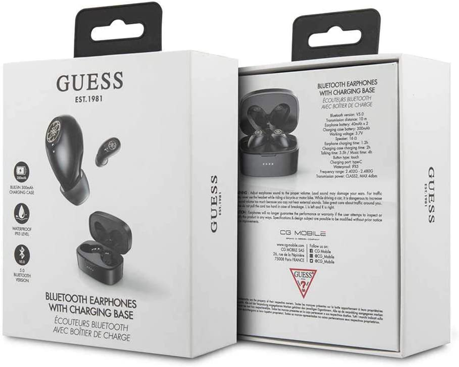 Auricolari e custodia di ricarica in una scatola. Il testo sulla scatola dice 'GUESS' e 'Auricolari Bluetooth'.