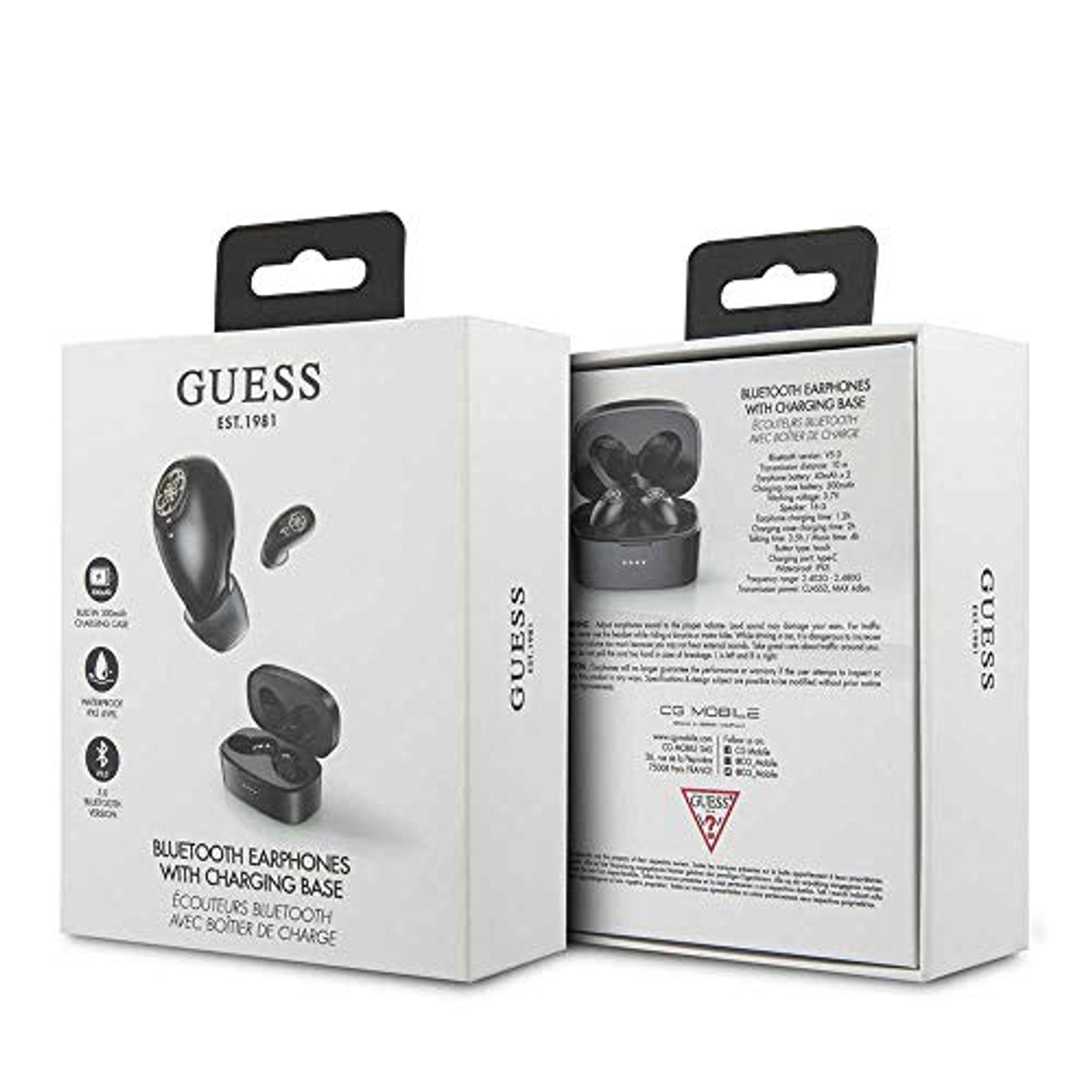 Due scatole di auricolari wireless neri con base di ricarica. Il marchio Guess è visibile.