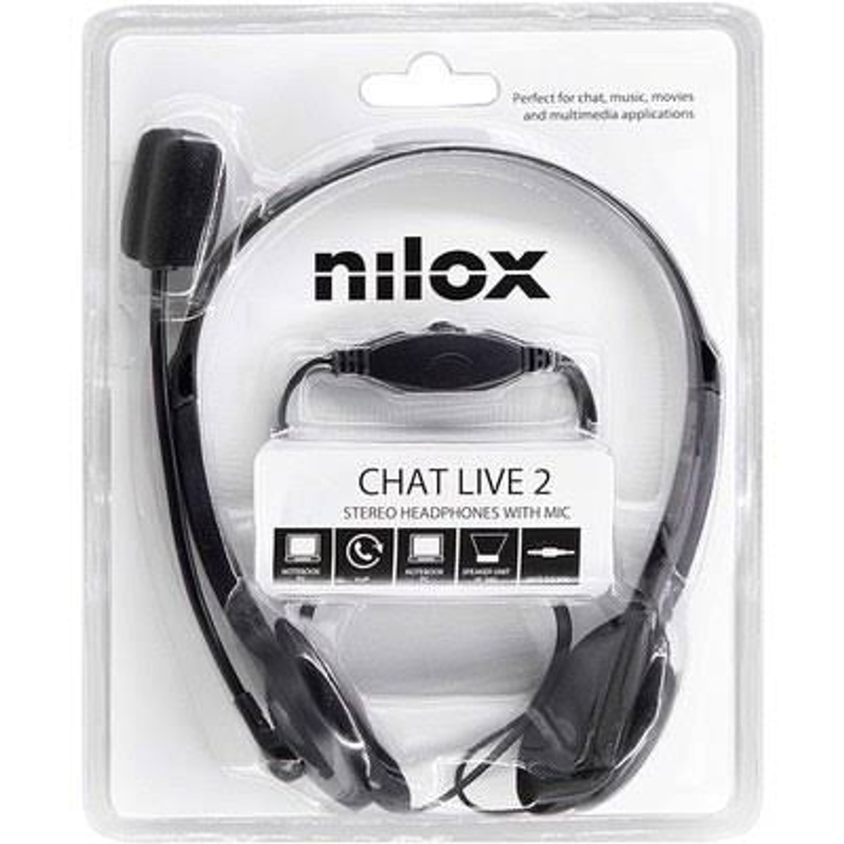 Słuchawki z mikrofonem w plastikowym opakowaniu. Widoczny tekst 'CHAT LIVE 2'.