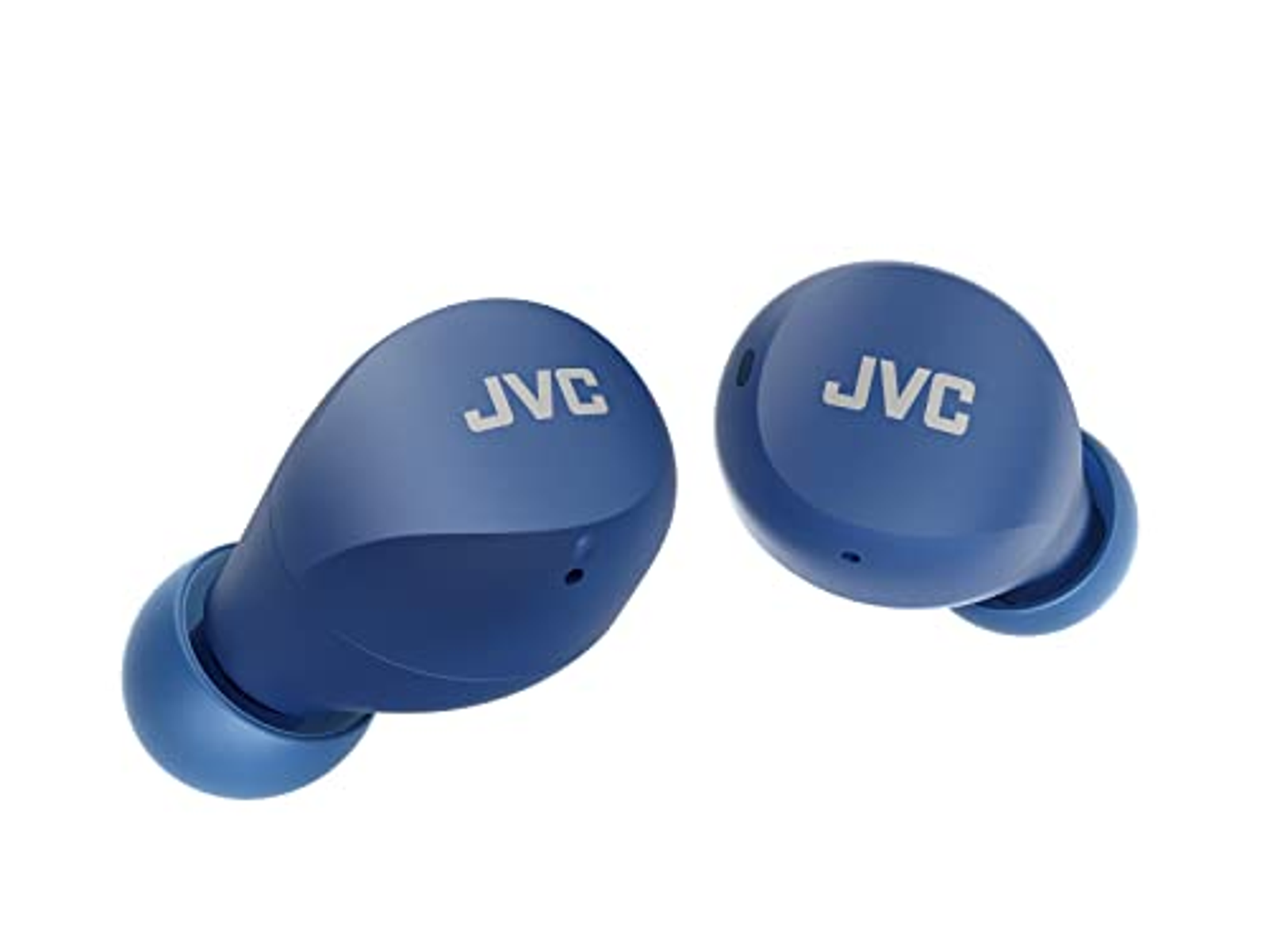 Auricolari JVC blu su sfondo bianco. Ogni auricolare ha il logo JVC.