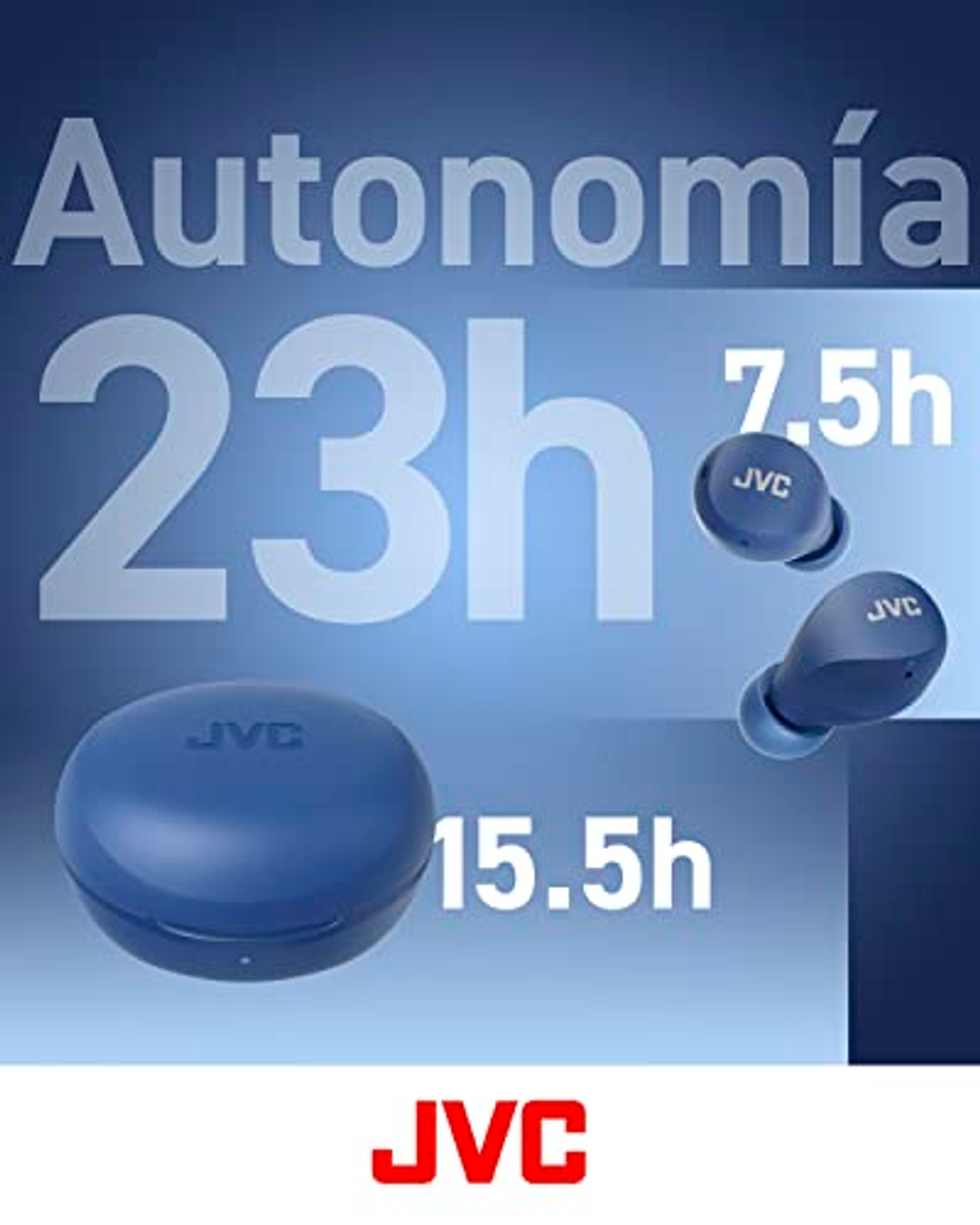 Auricolari blu, custodia di ricarica e testo che indica la durata della batteria: 23 ore totali.