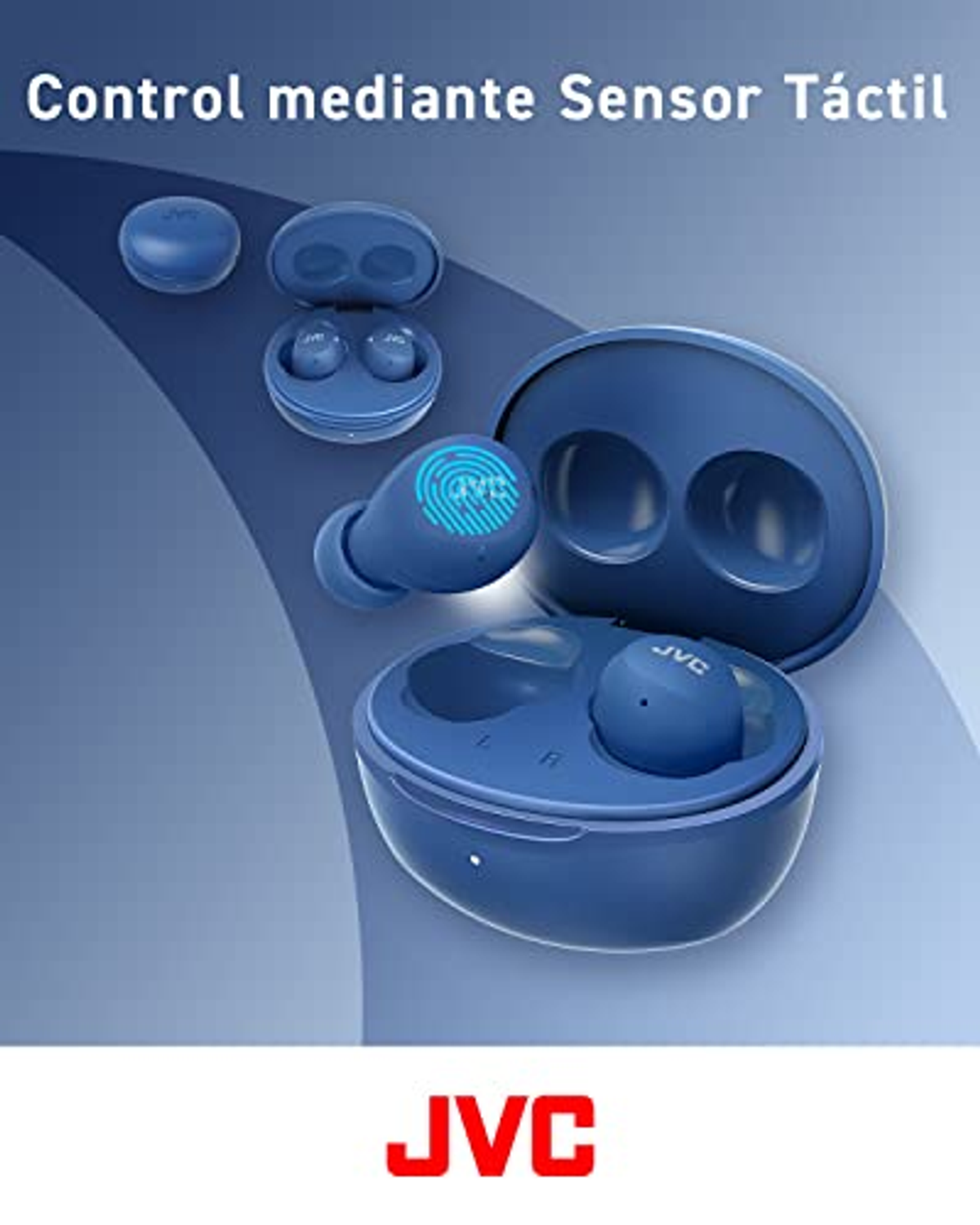 Auricolari JVC blu, custodia di ricarica e testo "Control mediante Sensor Táctil". Sfondo sfumato blu.