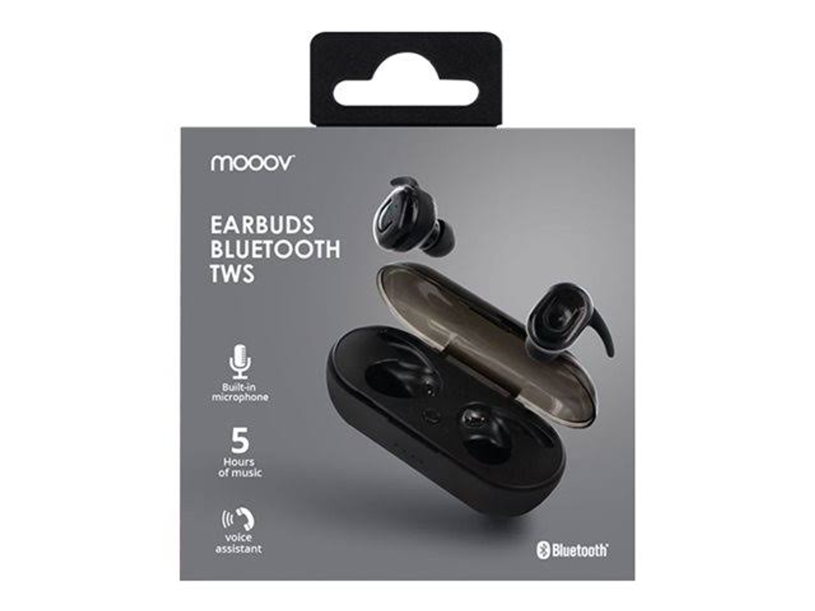 Caja con auriculares, estuche abierto y auriculares. Color negro. Texto: Earbuds Bluetooth TWS.