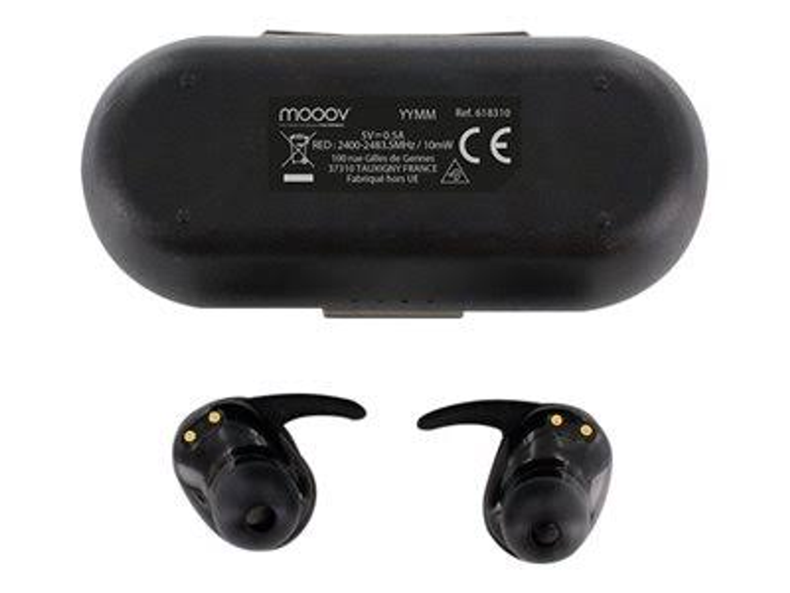 Auriculares negros con estuche de carga. El estuche de carga tiene el nombre de la marca. La marca CE es visible.