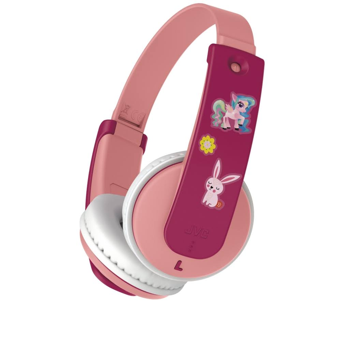 Cuffie rosa e viola per bambini con adesivi di animali. Il marchio JVC è visibile.