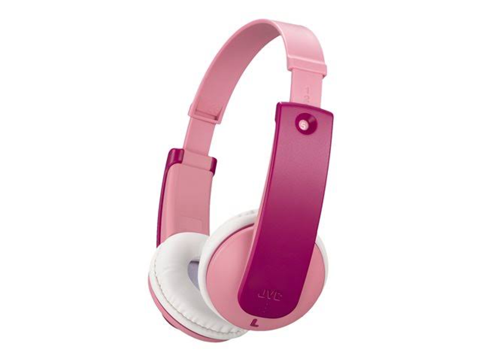 Cuffie JVC rosa con padiglioni bianchi e fascia rosa, isolate su sfondo bianco.