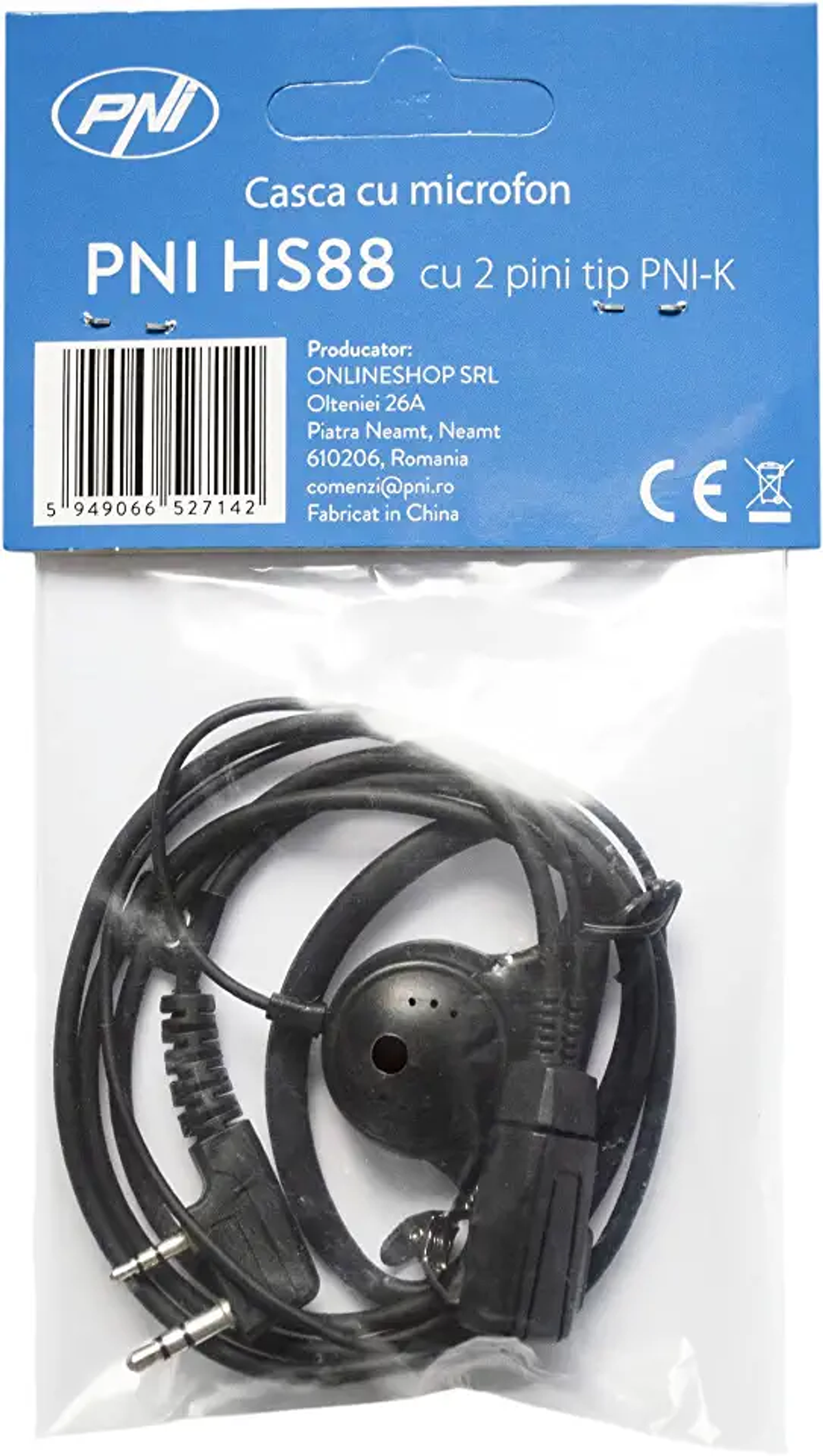Un sacchetto di plastica contiene un auricolare nero con microfono. Testo in rumeno sulla busta.