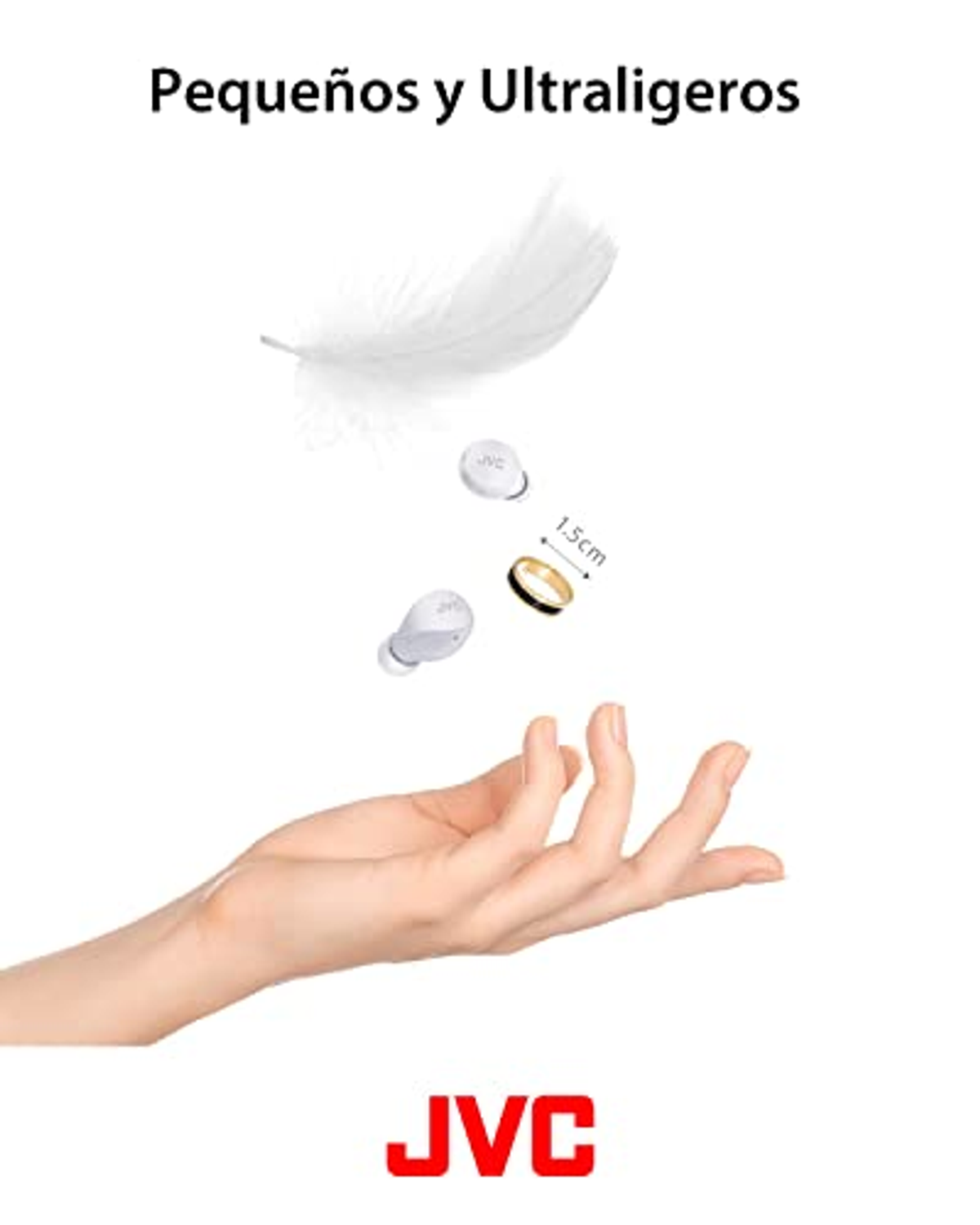 Hand hält Feder mit kleinen weißen Ohrhörern und einem goldenen Ring. JVC-Logo.