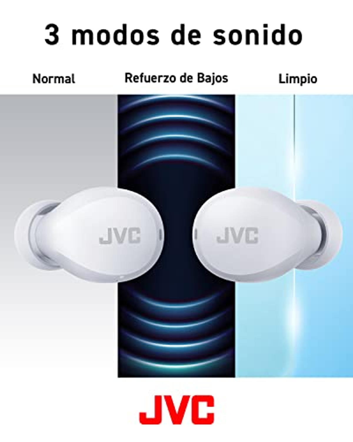 Weiße JVC-Ohrhörer, Text über Soundmodi.