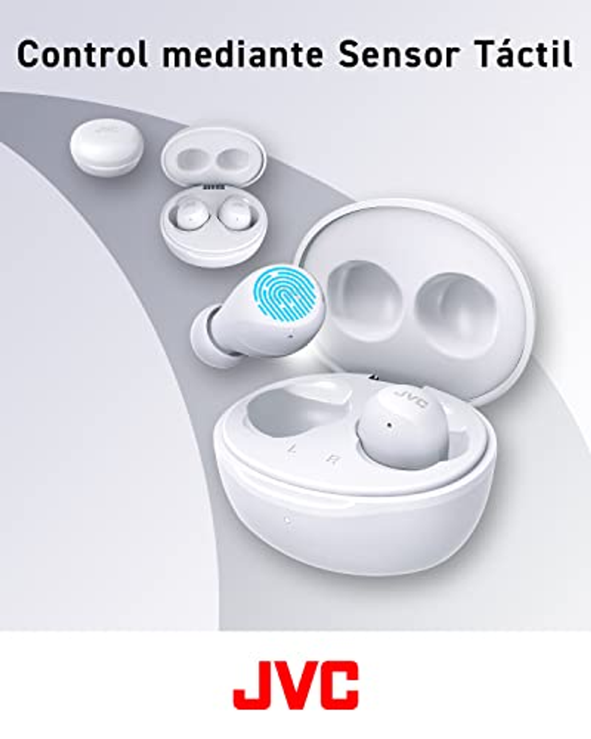 Weiße Ohrhörer und Ladecase. Text: "Steuerung per Touch Sensor" und "JVC".