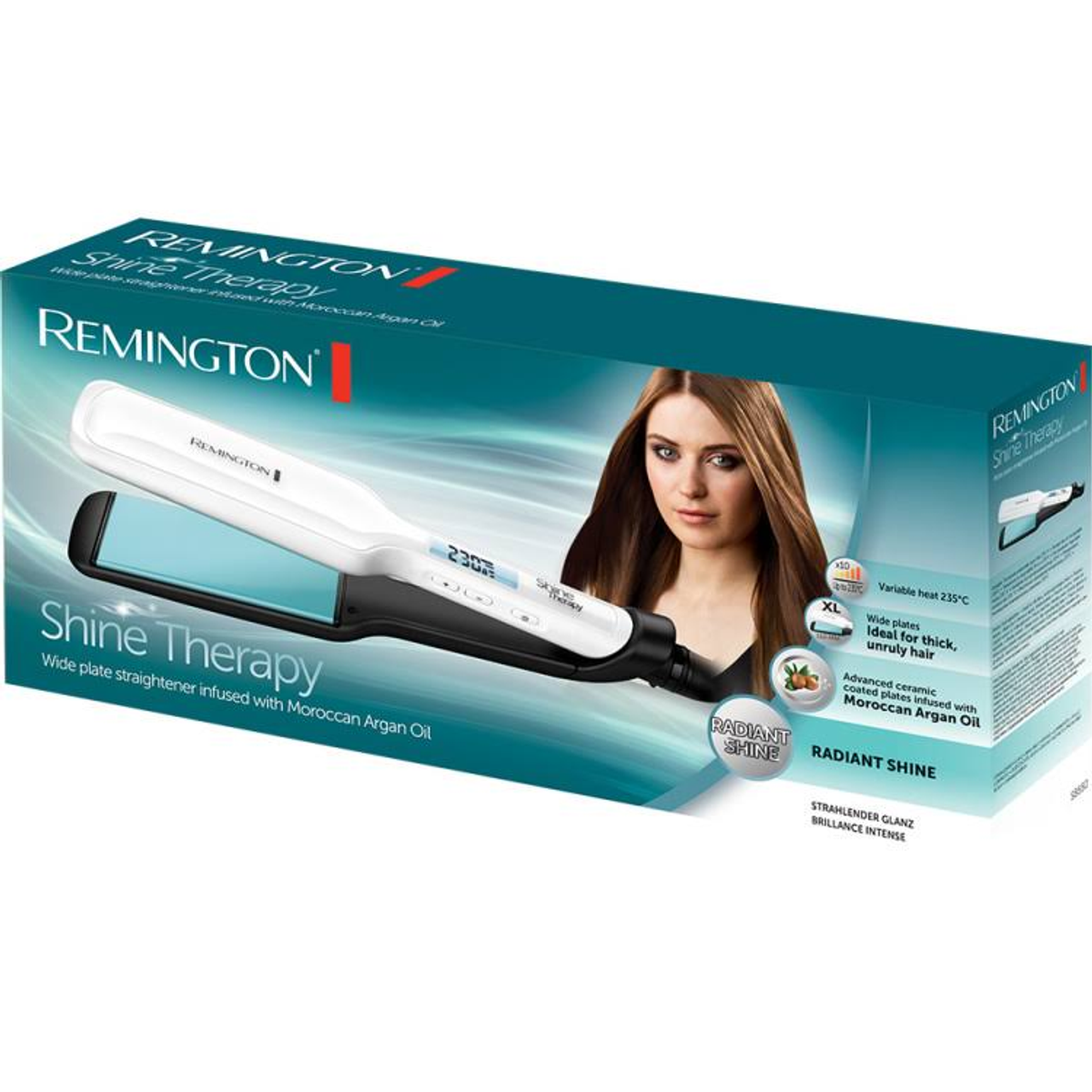 Pudełko prostownicy do włosów Remington Shine Therapy. Twarz kobiety widoczna na pudełku.