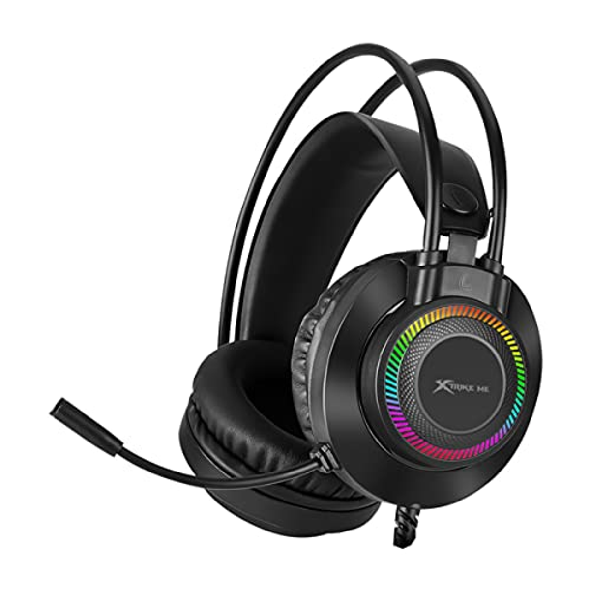 Auriculares negros con luces de colores alrededor de las orejeras. Los auriculares tienen un micrófono.