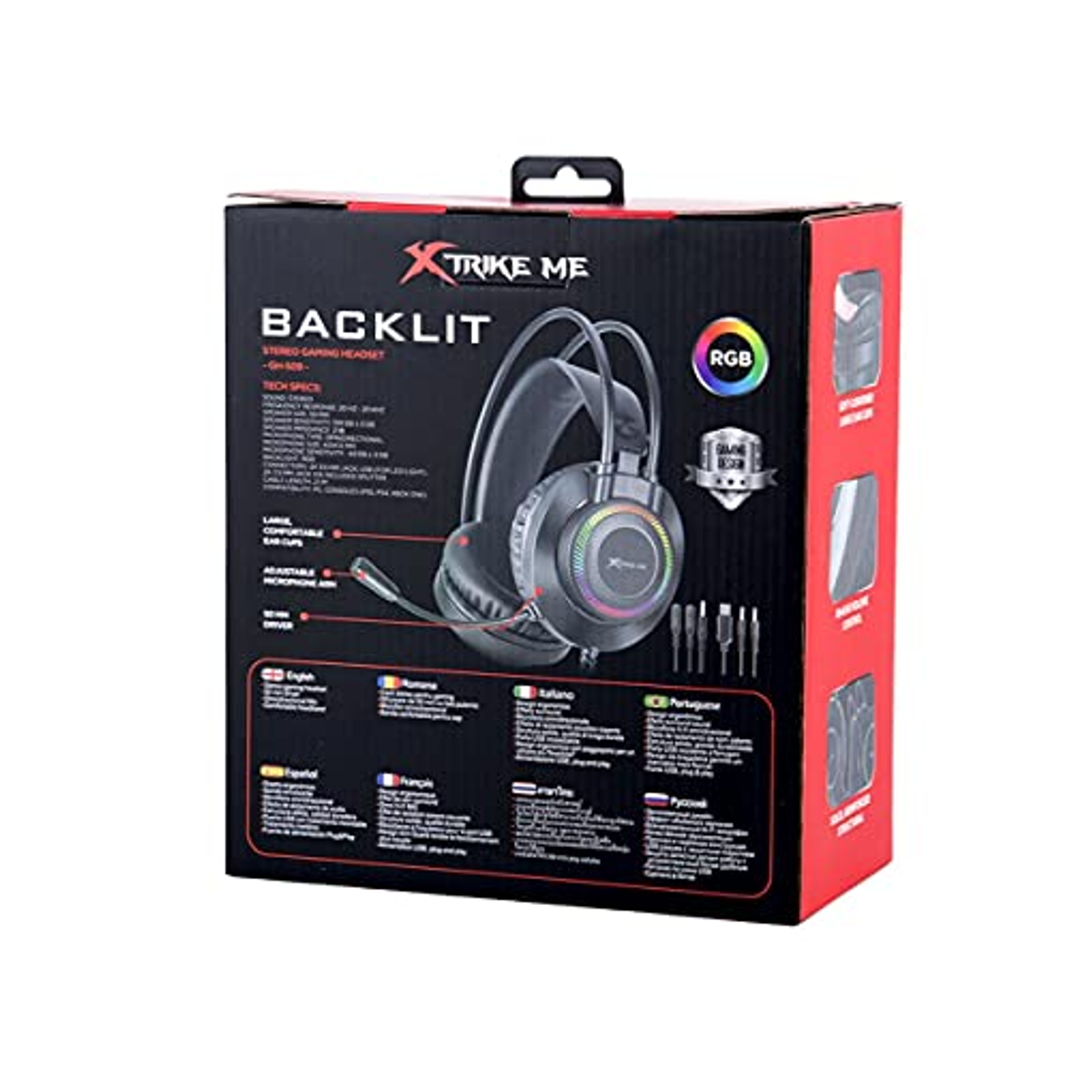 Caja de auriculares. La caja es negra y roja. Texto e imágenes están en la caja.