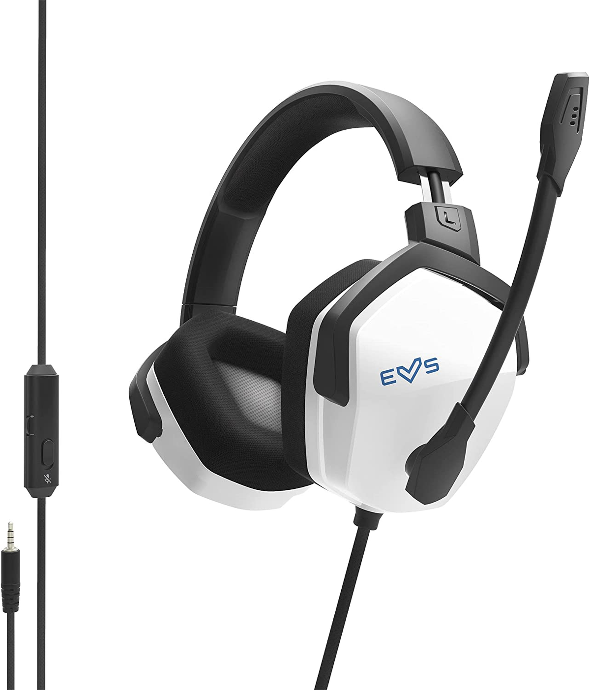 Słuchawki z mikrofonem. Słuchawki są czarno-białe z czarnym kablem.