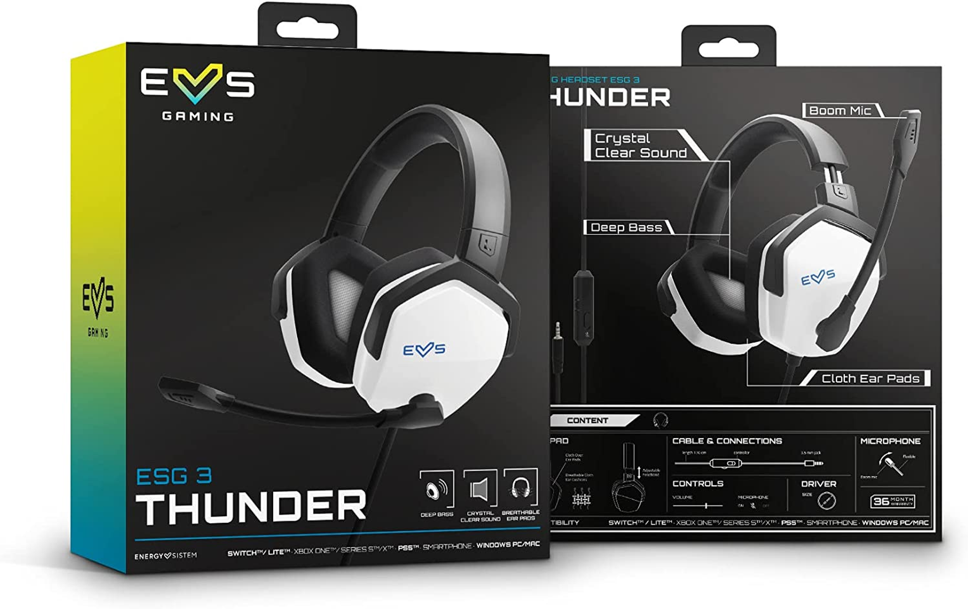 Dwa pudełka prezentujące zestaw słuchawkowy dla graczy i jego funkcje. W jednym jest zestaw.