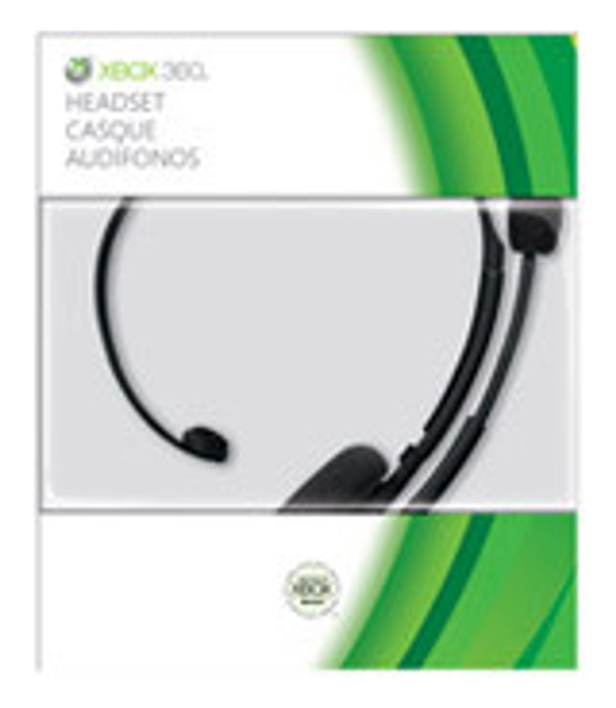 Xbox 360 Headset-Box. Weiße Box mit Headset-Bild und grünen Details.